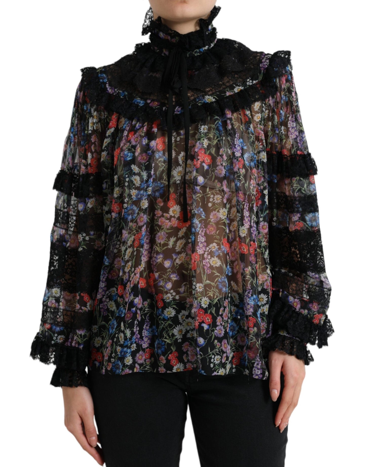 Dolce & Gabbana Black Floral Print Long Sleeves Blouse Women's Top