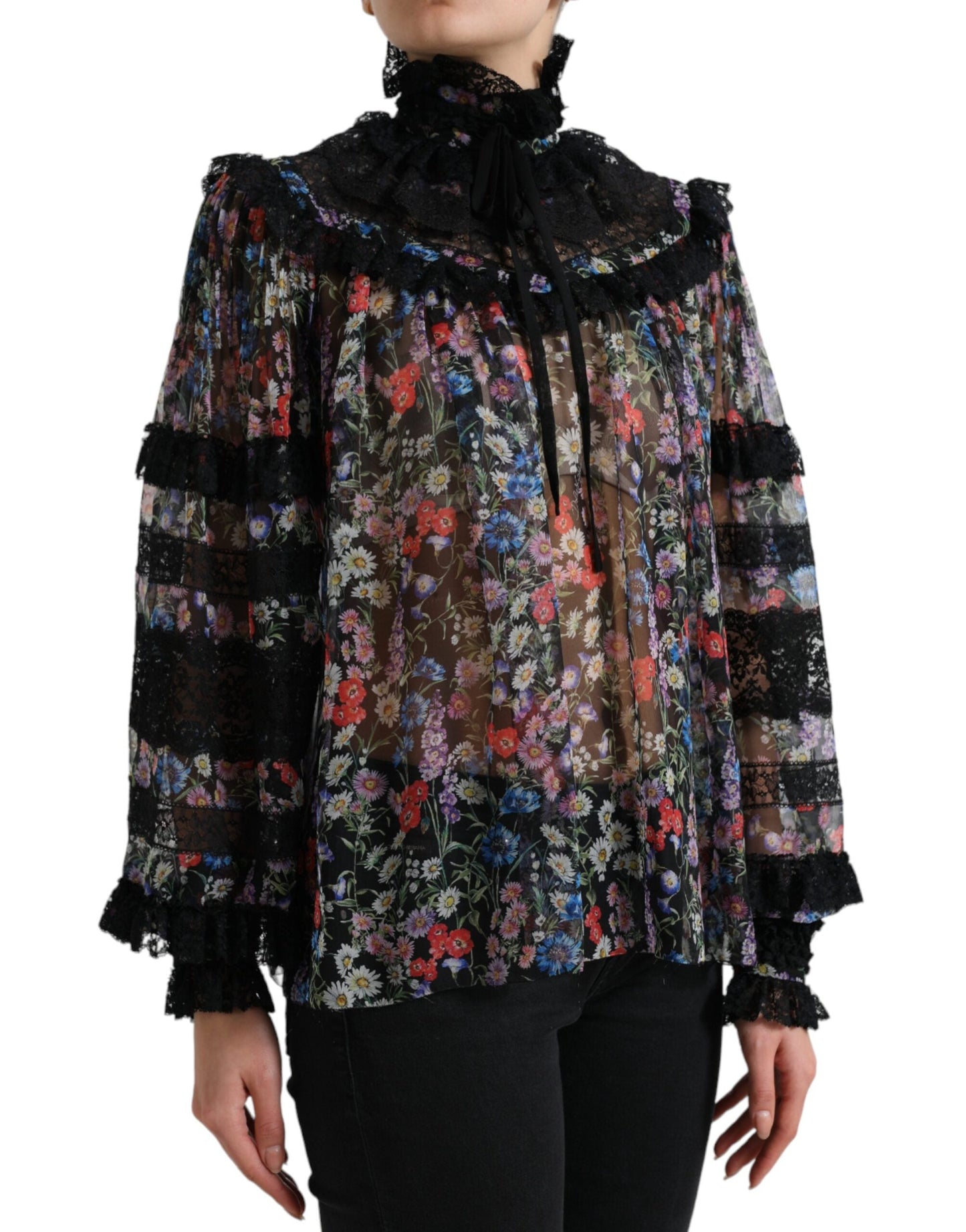 Dolce & Gabbana Black Floral Print Long Sleeves Blouse Women's Top