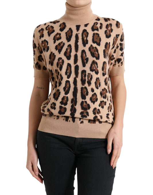 Dolce & Gabbana Beige Leopard Print Wool Turtleneck Women's Top