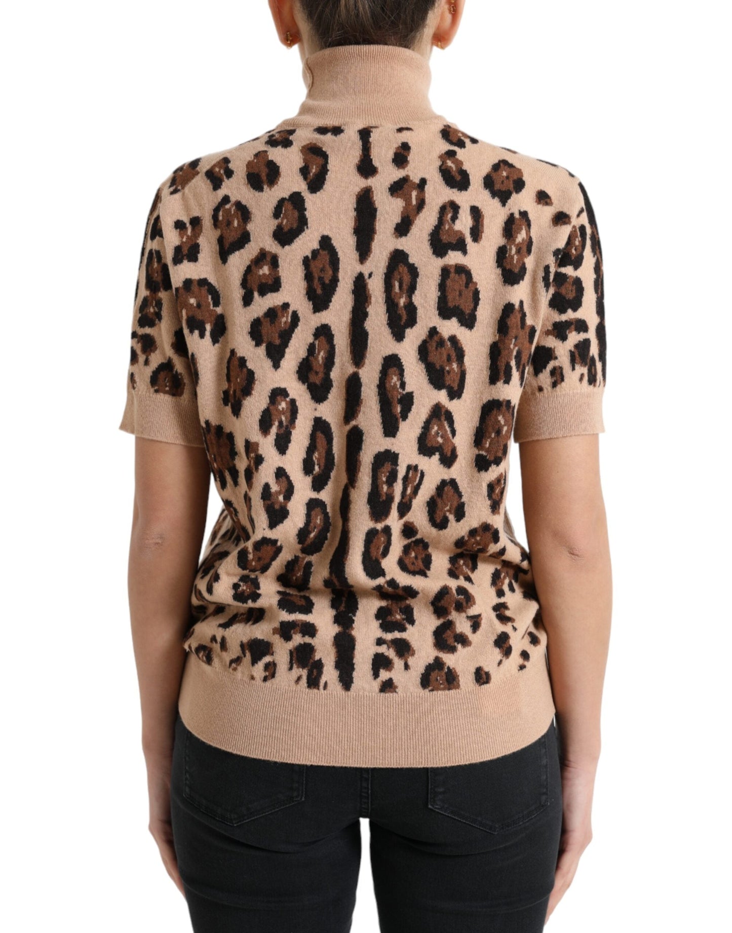 Dolce & Gabbana Beige Leopard Print Wool Turtleneck Women's Top