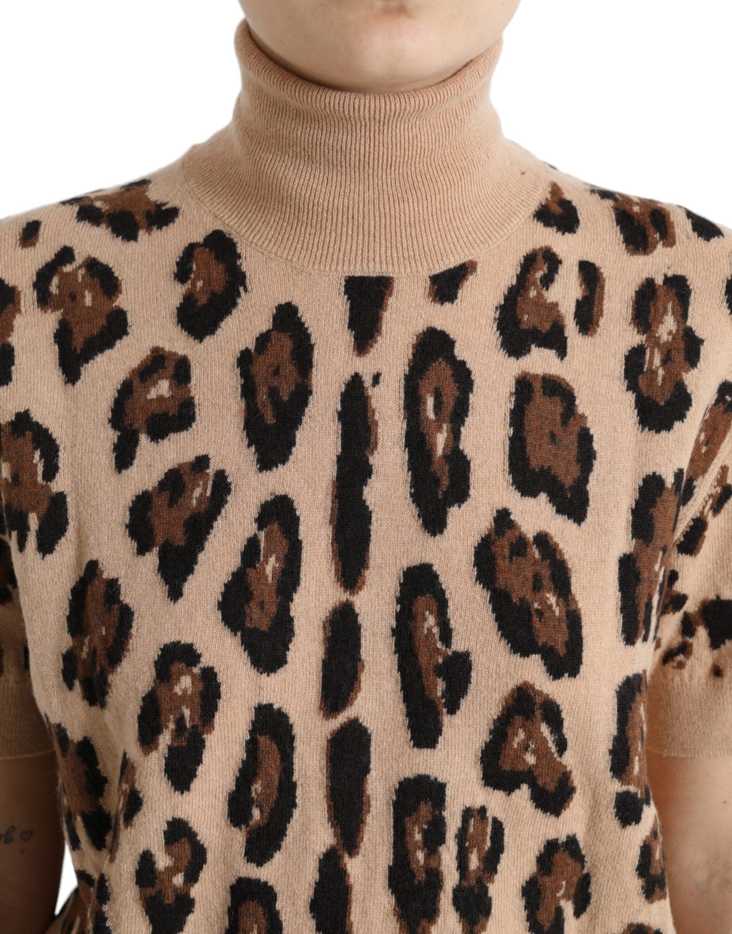Dolce & Gabbana Beige Leopard Print Wool Turtleneck Women's Top