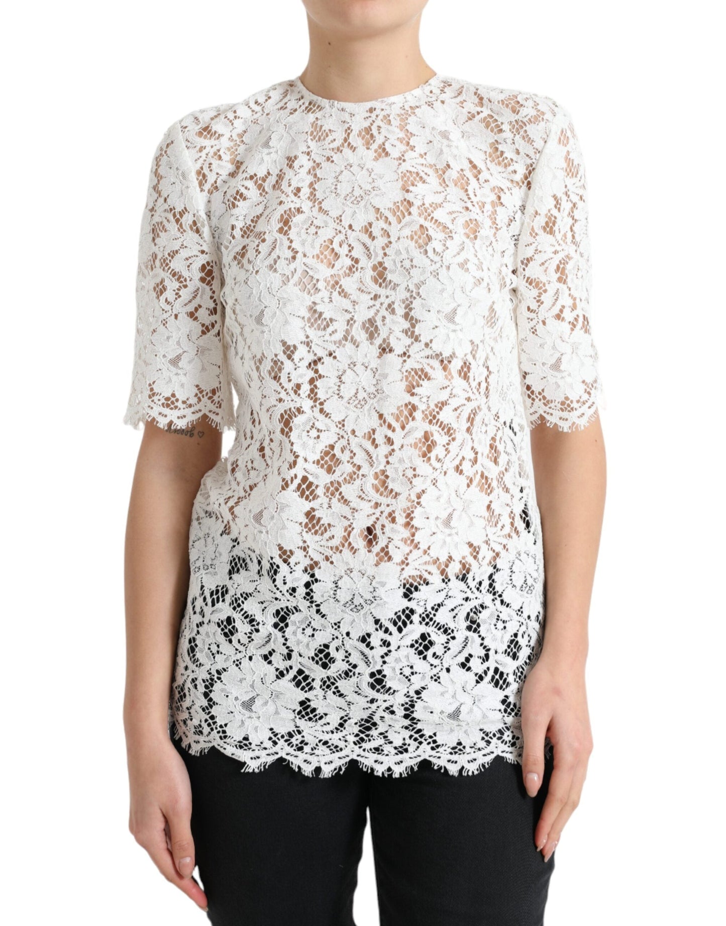 Dolce & Gabbana White Floral Lace Cotton Round Neck Blouse Women's Top