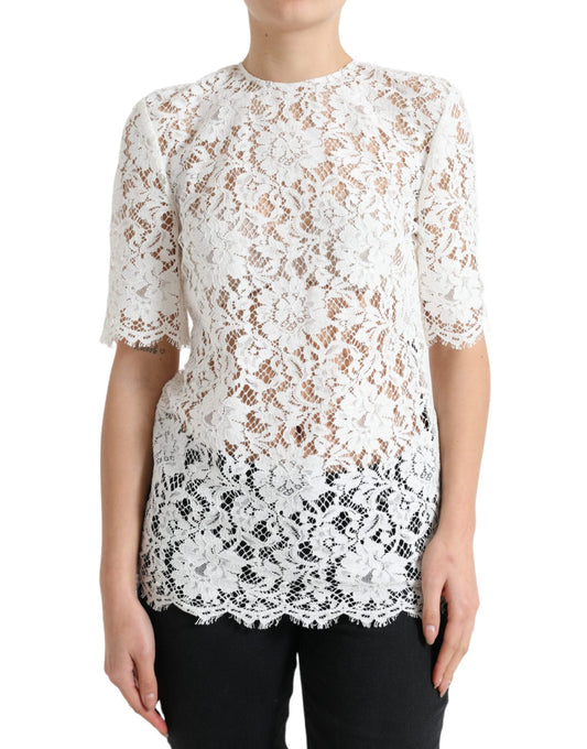 Dolce & Gabbana White Floral Lace Cotton Round Neck Blouse Women's Top
