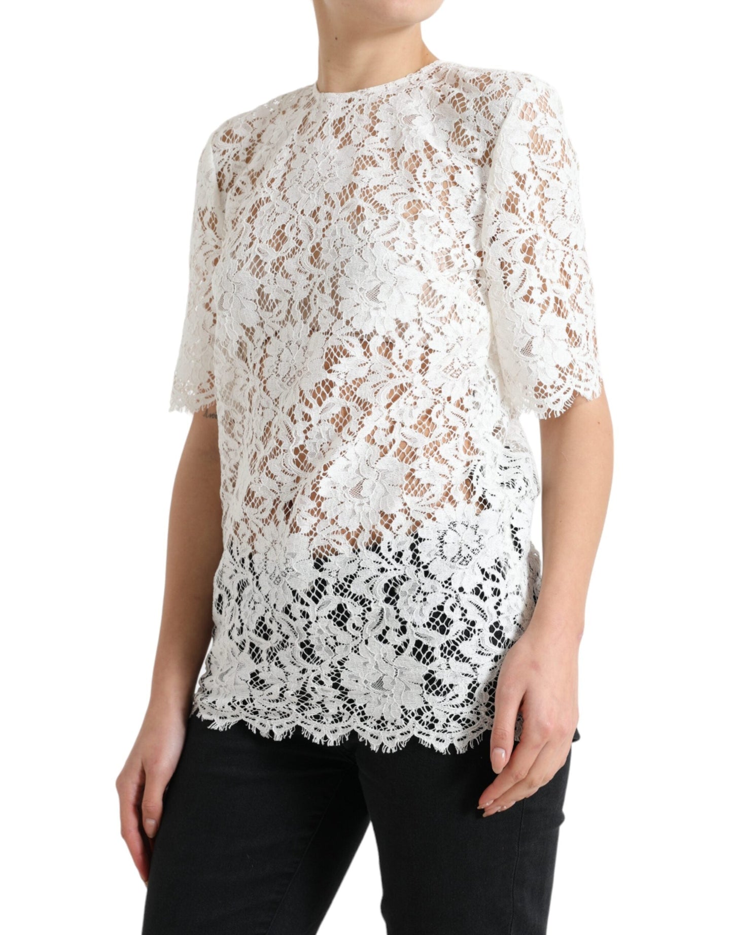 Dolce & Gabbana White Floral Lace Cotton Round Neck Blouse Women's Top