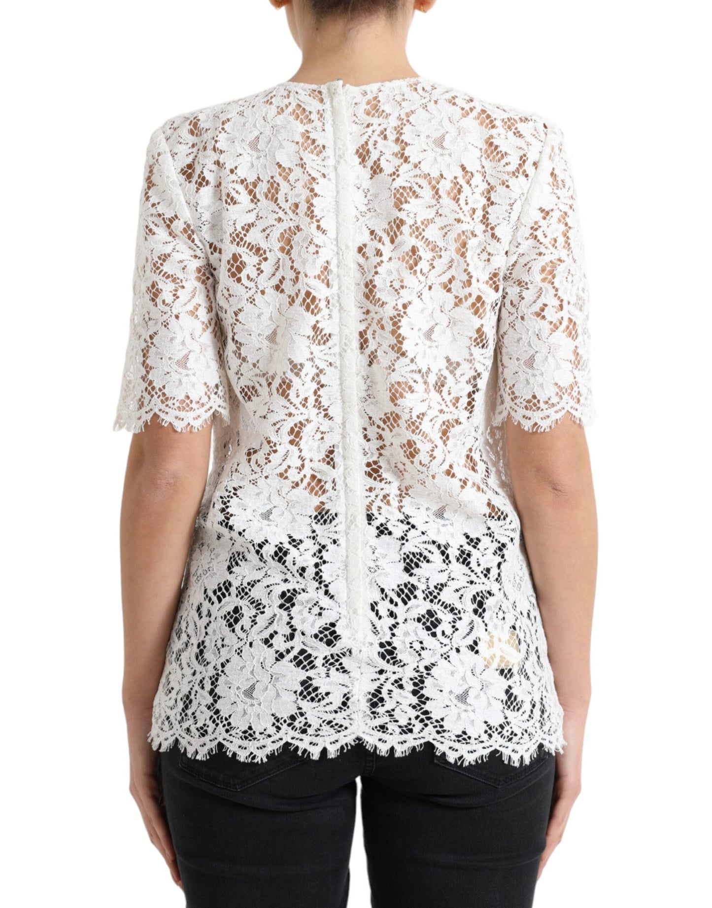 Dolce & Gabbana White Floral Lace Cotton Round Neck Blouse Women's Top