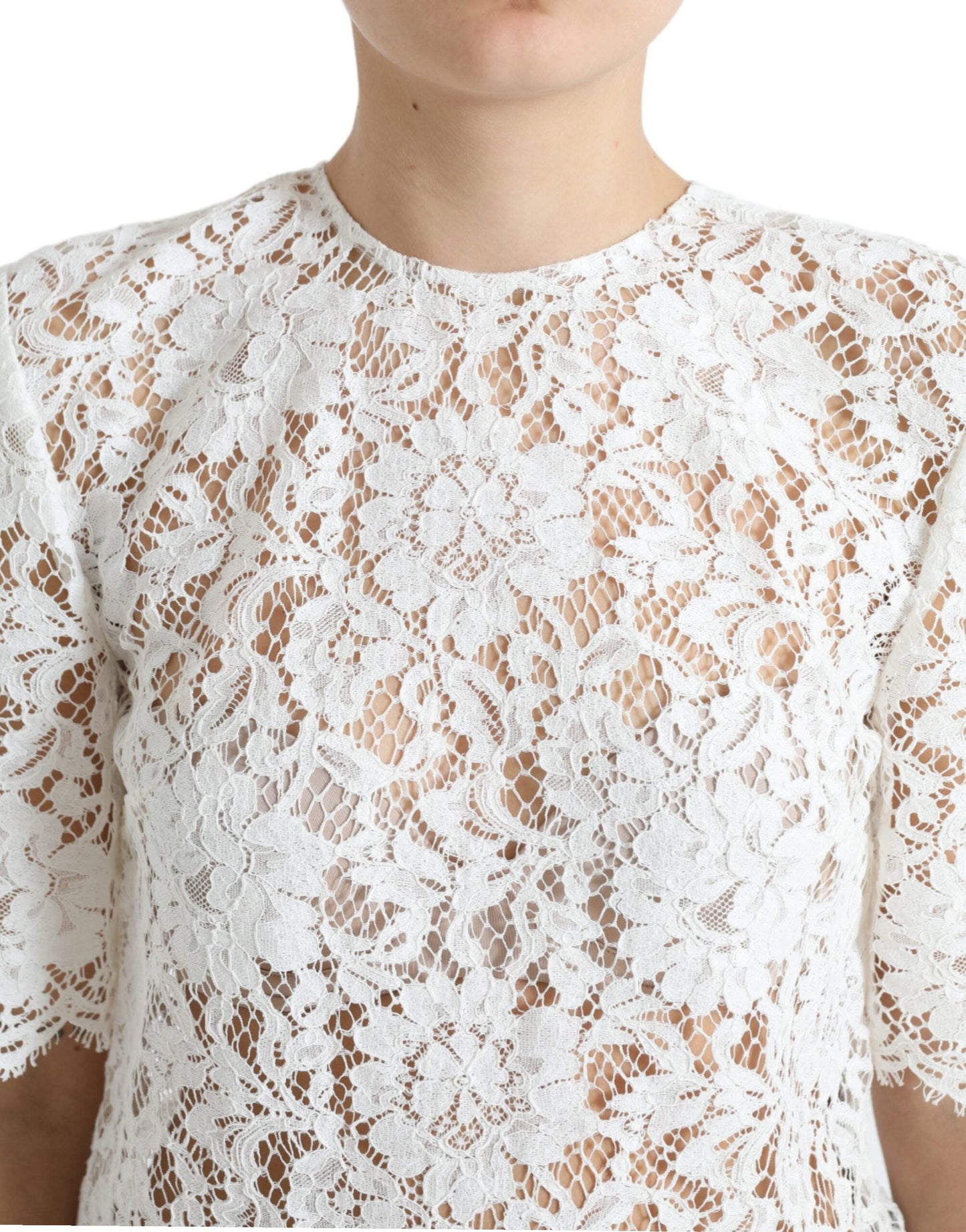 Dolce & Gabbana White Floral Lace Cotton Round Neck Blouse Women's Top