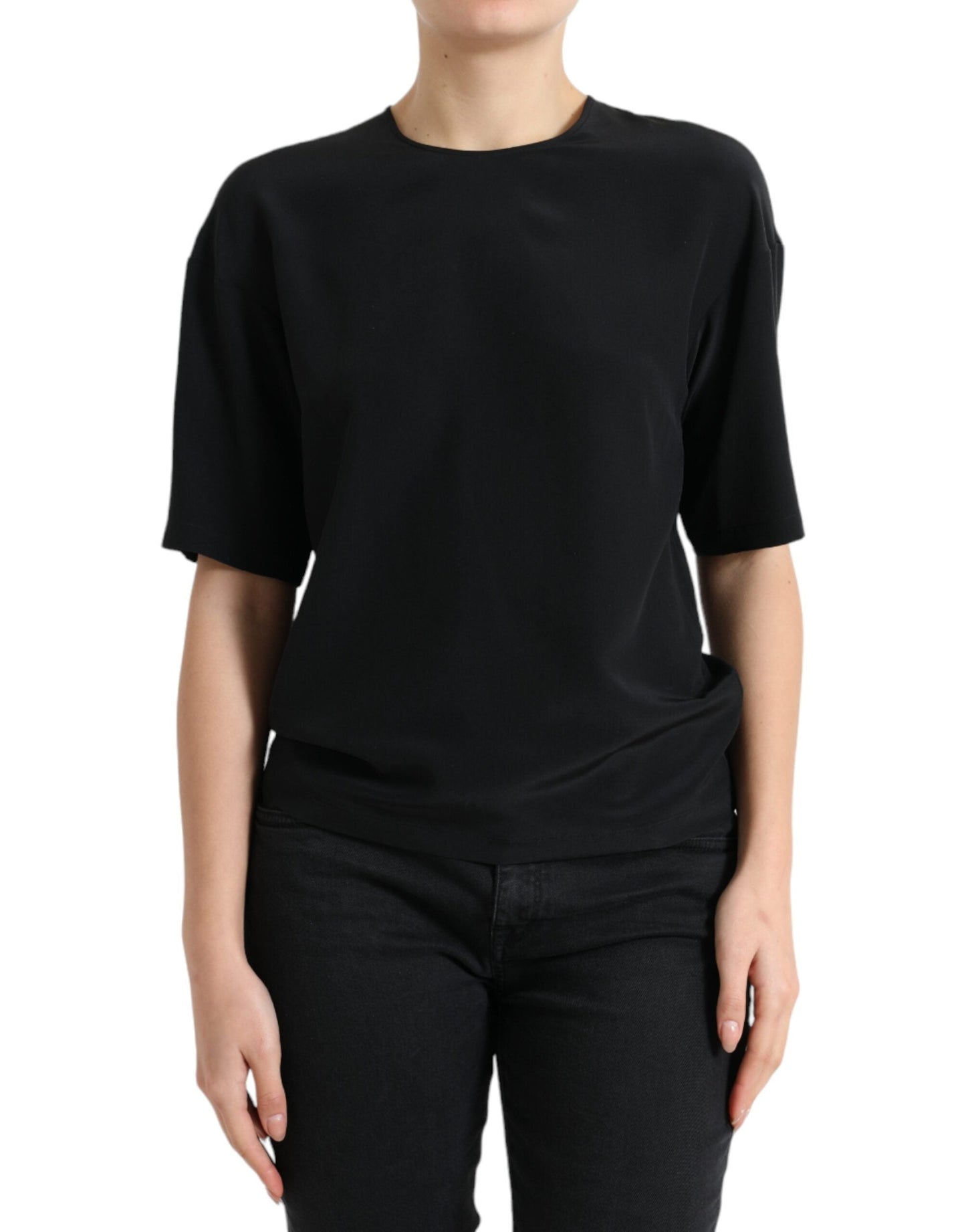 Dolce & Gabbana Black Silk Round Neck Short Sleeve Blouse Women's Top