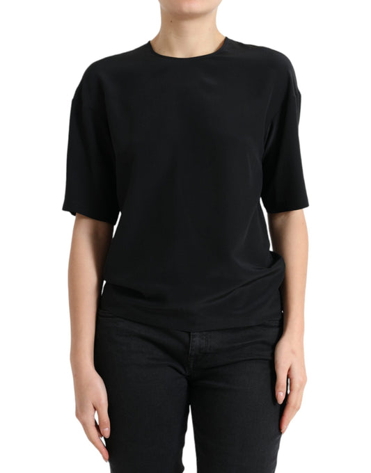 Dolce & Gabbana Black Silk Round Neck Short Sleeve Blouse Women's Top