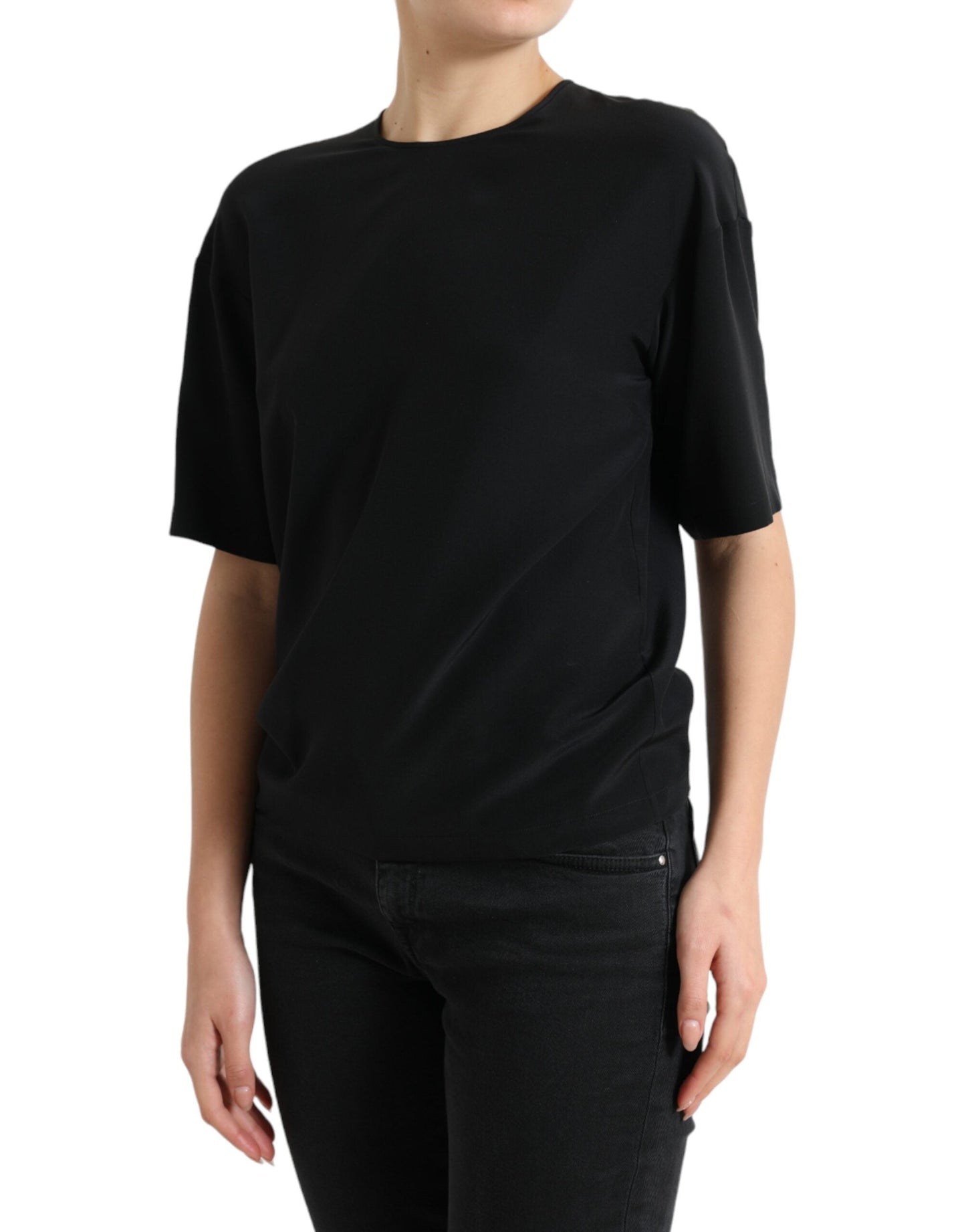 Dolce & Gabbana Black Silk Round Neck Short Sleeve Blouse Women's Top