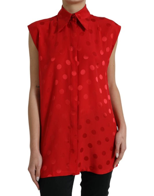 Dolce & Gabbana Red Polka Dot Sleeveless Collared Blouse Women's Top