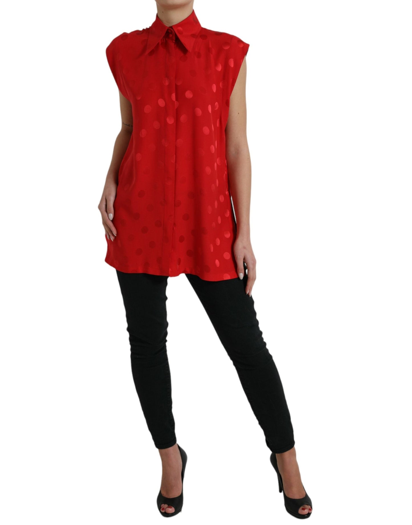 Dolce & Gabbana Red Polka Dot Sleeveless Collared Blouse Women's Top