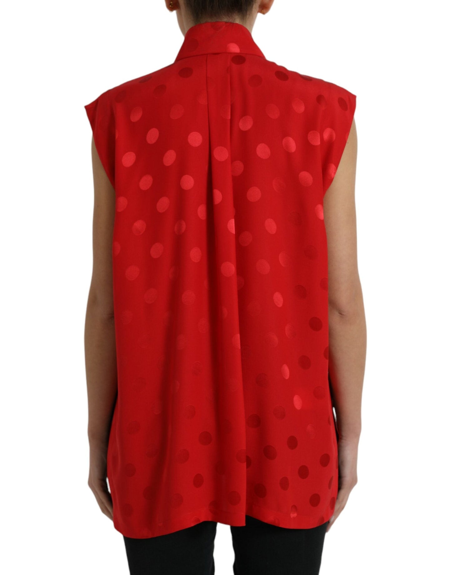Dolce & Gabbana Red Polka Dot Sleeveless Collared Blouse Women's Top