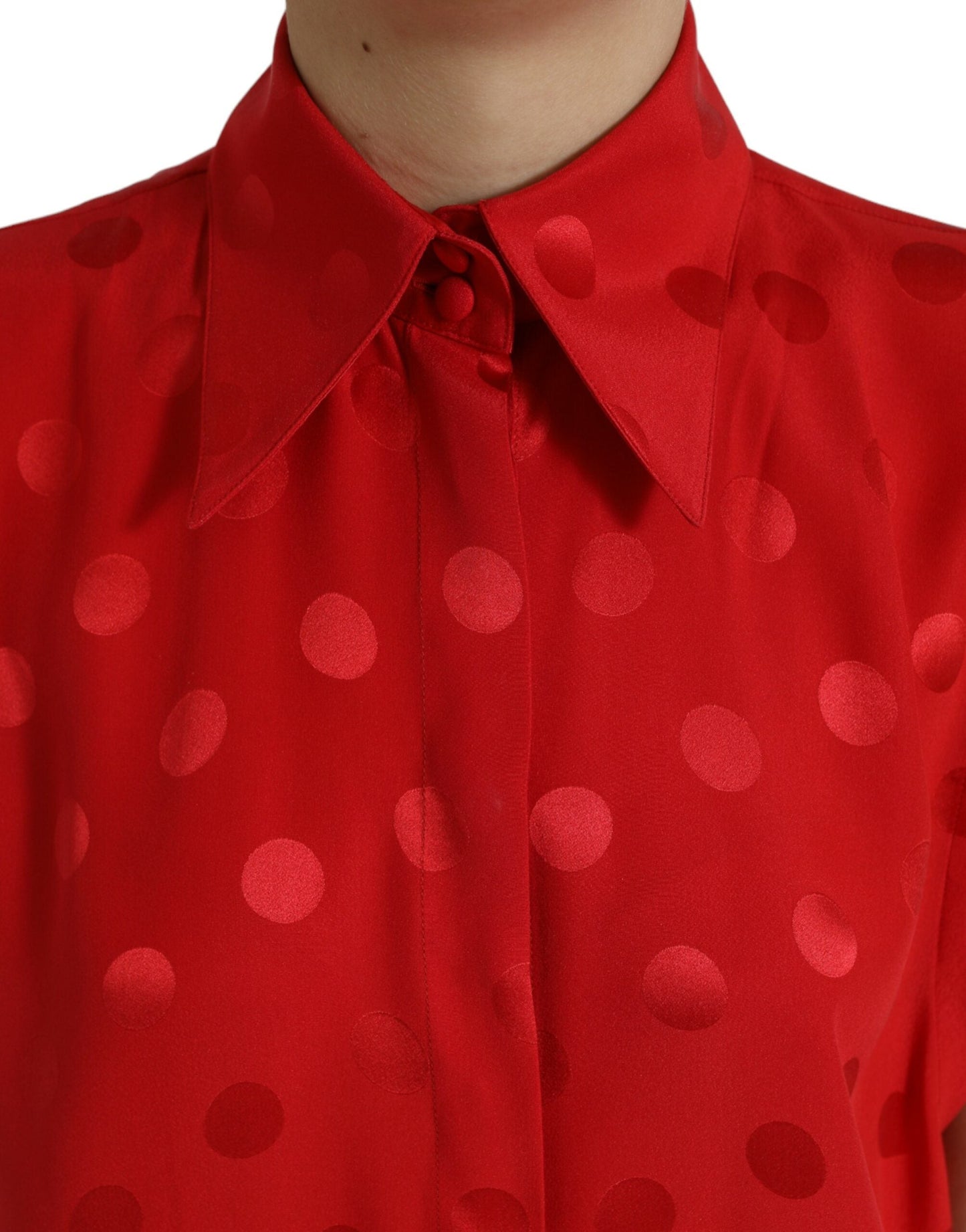 Dolce & Gabbana Red Polka Dot Sleeveless Collared Blouse Women's Top