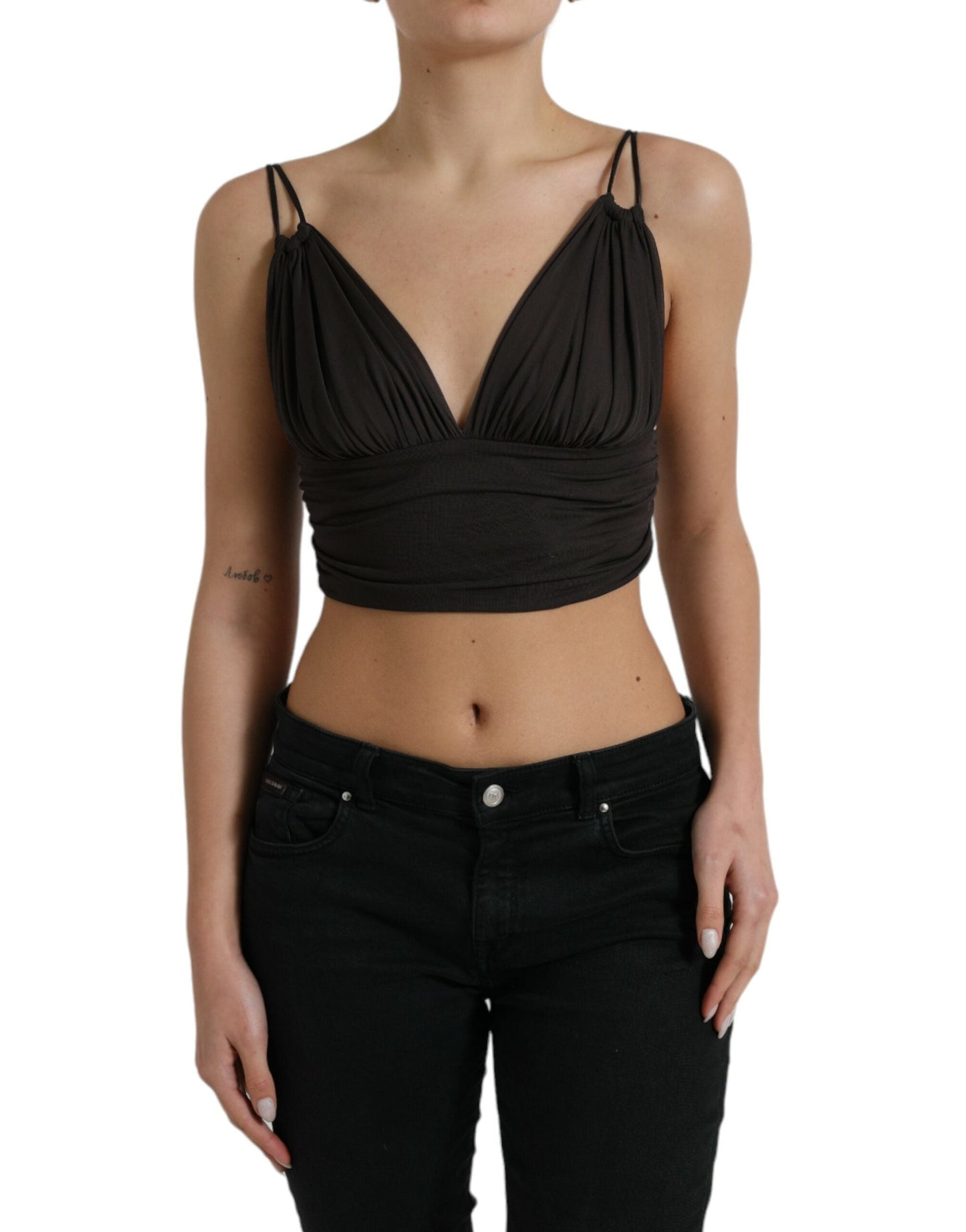 Dolce & Gabbana Brown Viscose Plunging V-neck Cropped Tank Women's Top