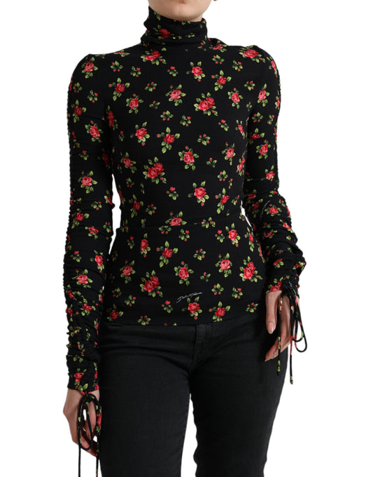 Dolce & Gabbana Black Rose Print Turtle Neck Blouse Women's Top