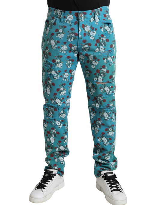 Dolce & Gabbana Blue Floral Print Skinny Cotton Denim Men's Pants