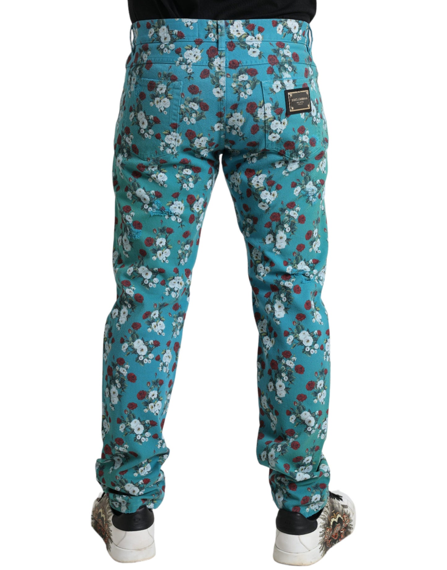 Dolce & Gabbana Blue Floral Print Skinny Cotton Denim Men's Pants