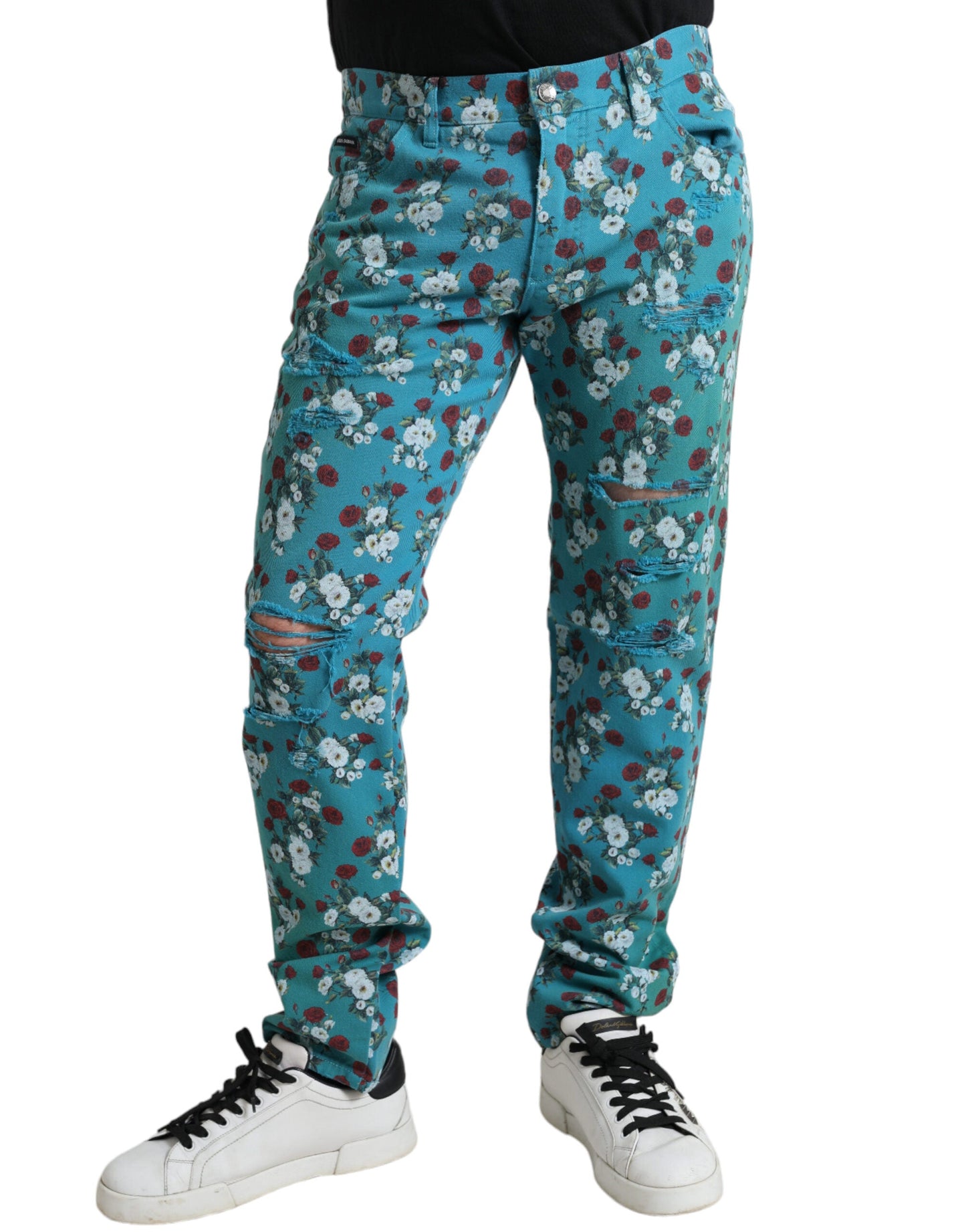 Dolce & Gabbana Blue Floral Print Skinny Cotton Denim Men's Pants