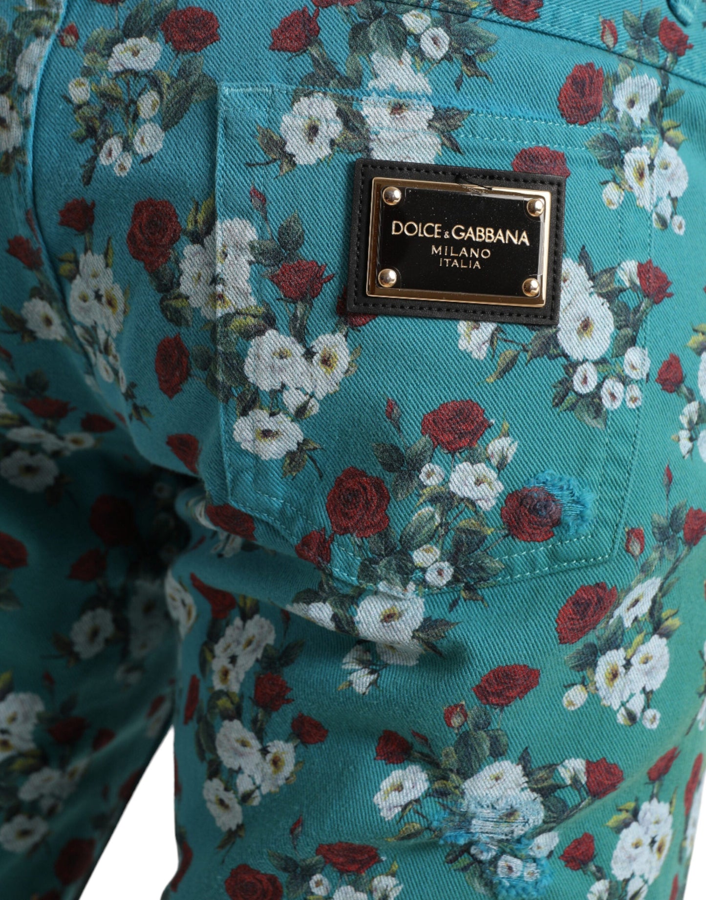 Dolce & Gabbana Blue Floral Print Skinny Cotton Denim Men's Pants