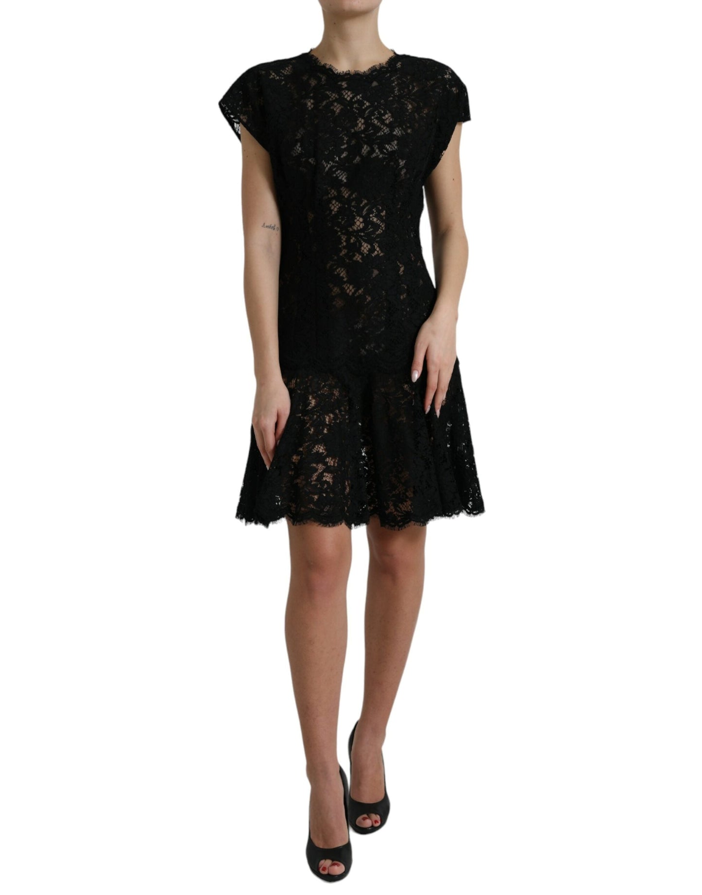 Dolce & Gabbana Black Floral Lace Cotton A-line Mini Women's Dress