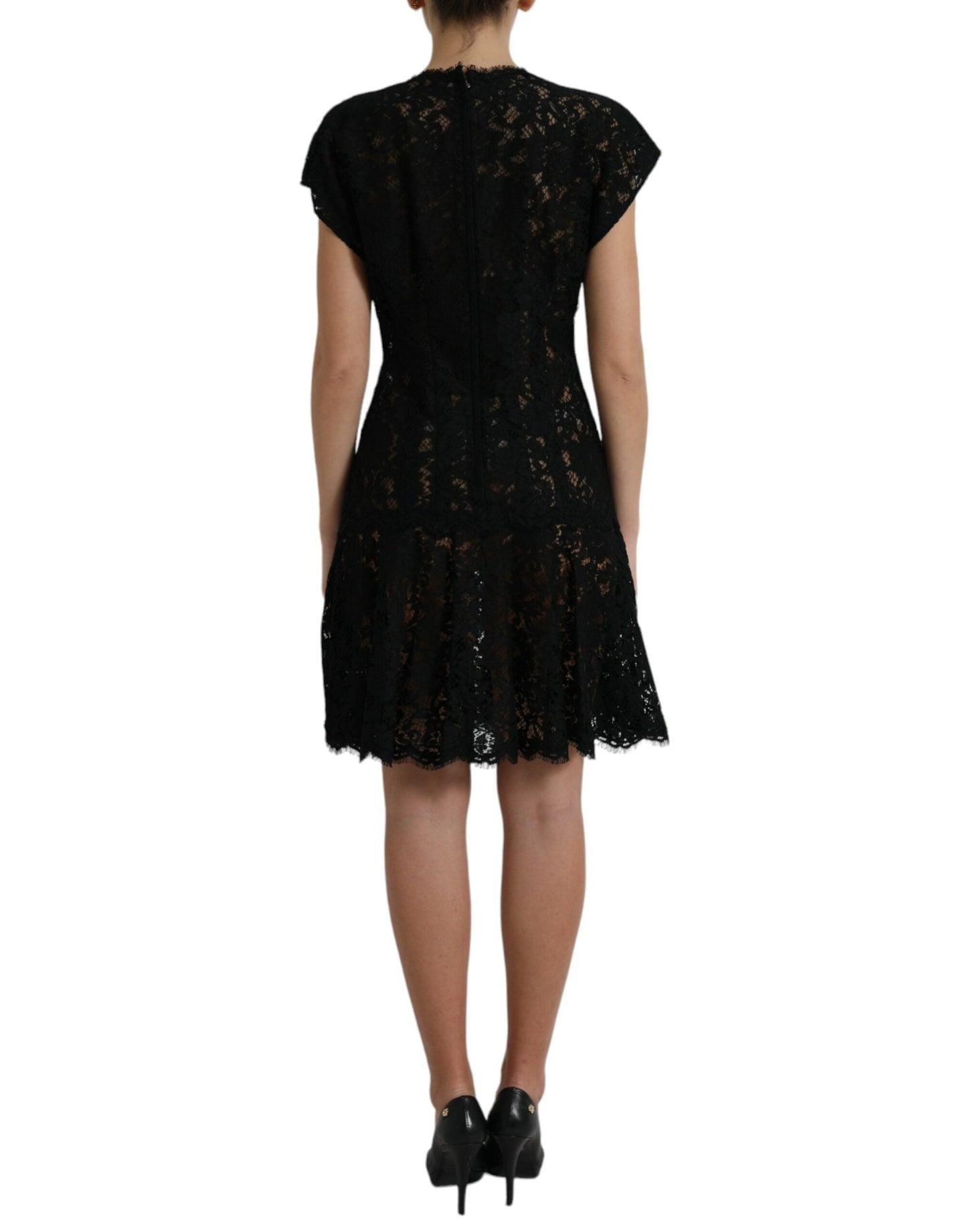 Dolce & Gabbana Black Floral Lace Cotton A-line Mini Women's Dress