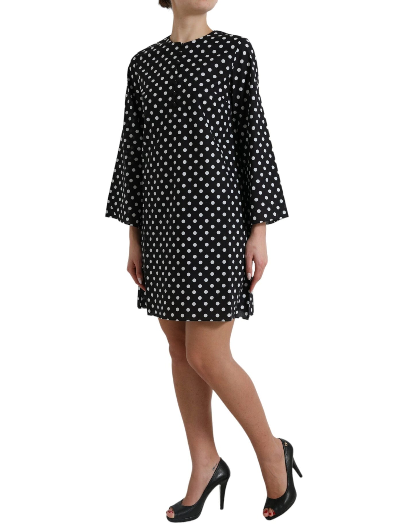 Dolce & Gabbana Black White Polka Dot Nylon Shift Mini Women's Dress