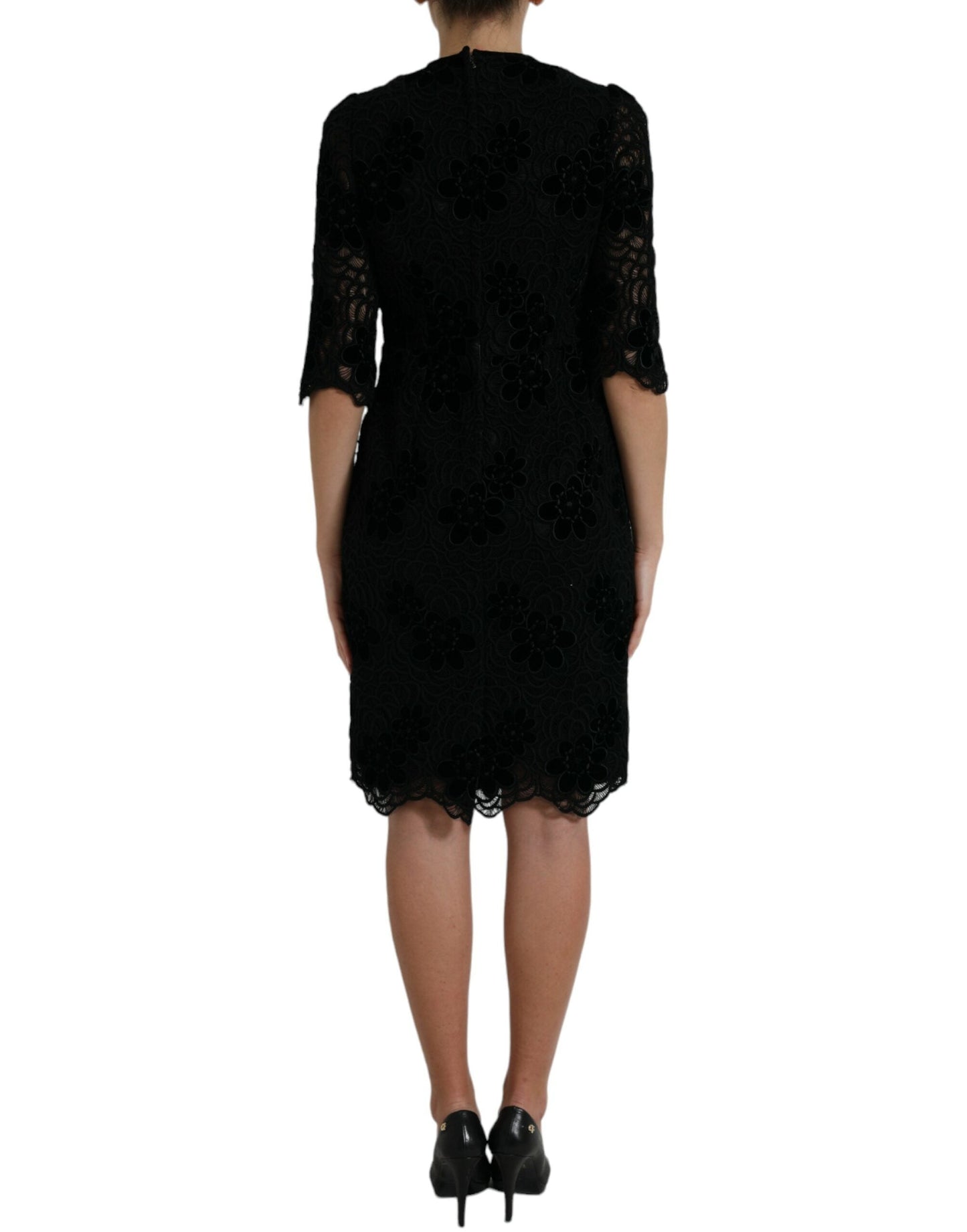 Dolce & Gabbana Black Floral Lace Cotton Bodycon Women's Dress