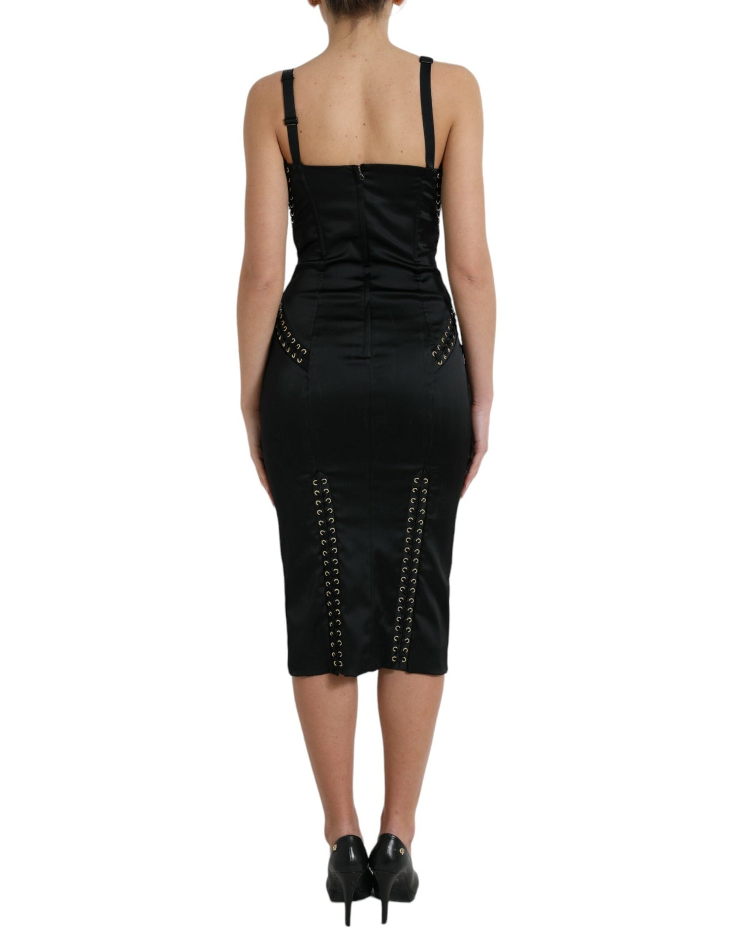 Dolce & Gabbana Black Bustier Corset Lace Bodycon Midi Women's Dress