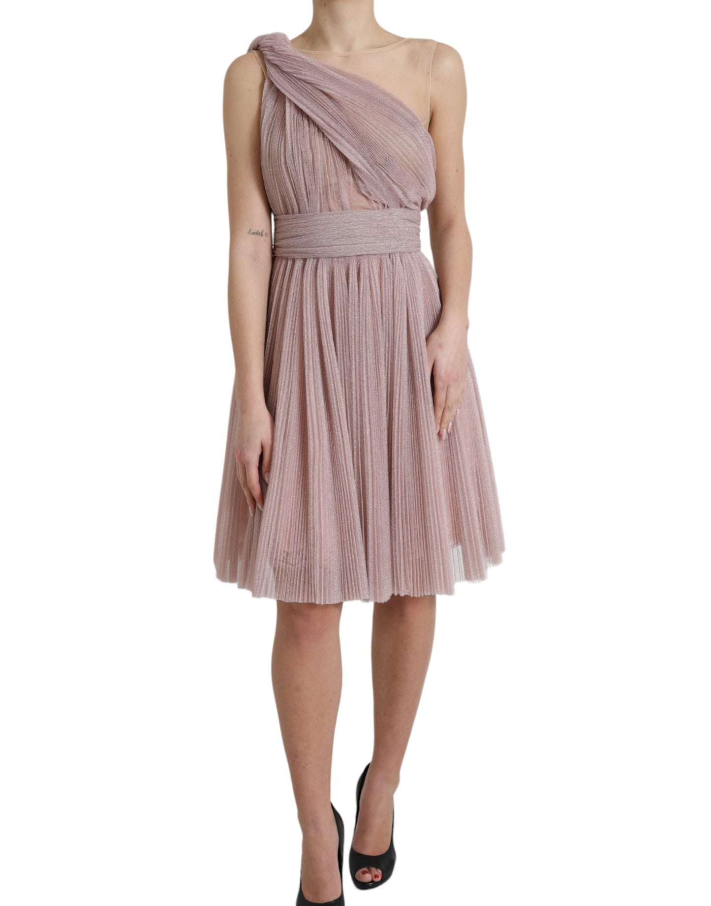 Dolce & Gabbana Pink One Shoulder Pleated Lame Tulle Women's Dress