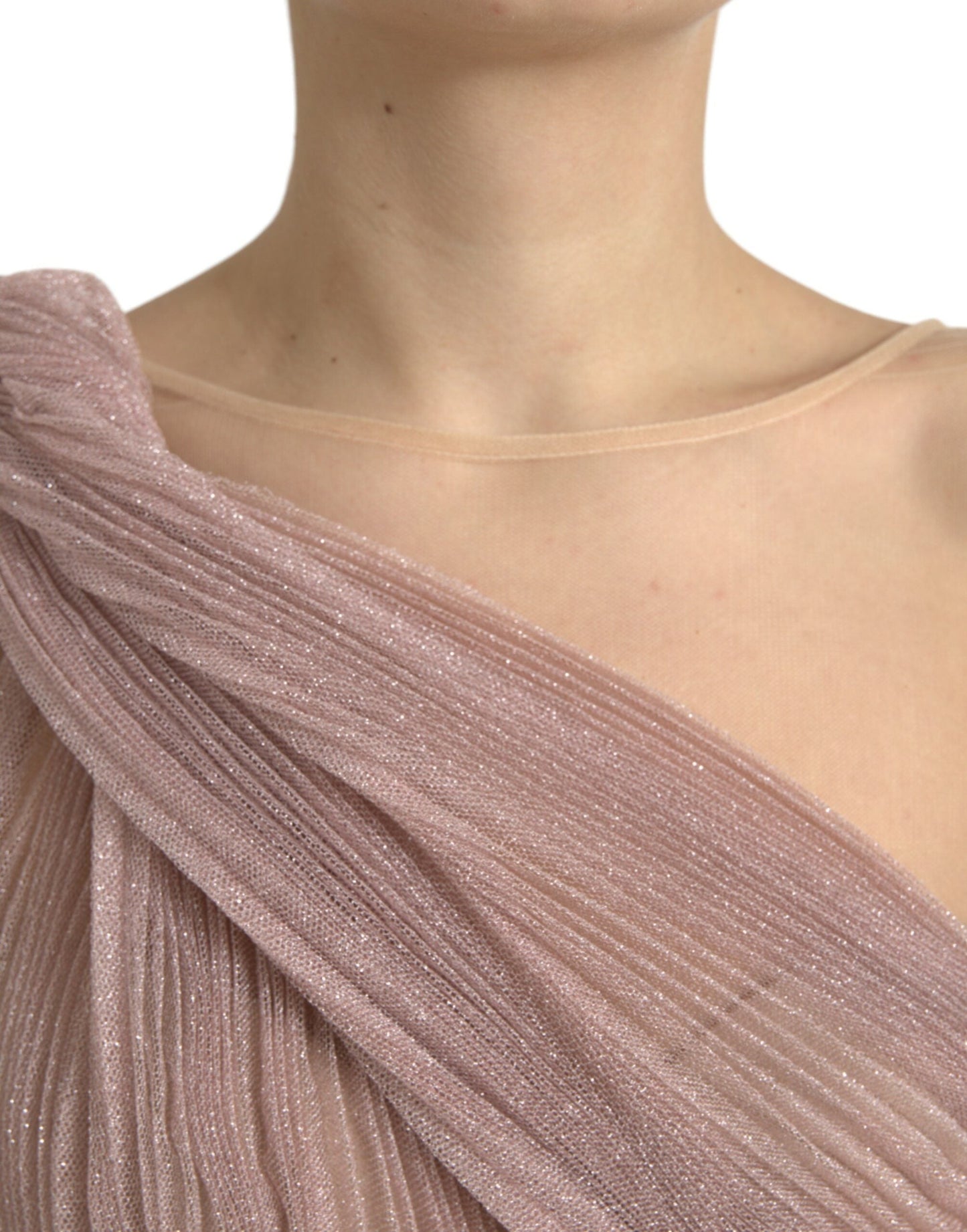 Dolce & Gabbana Pink One Shoulder Pleated Lame Tulle Women's Dress