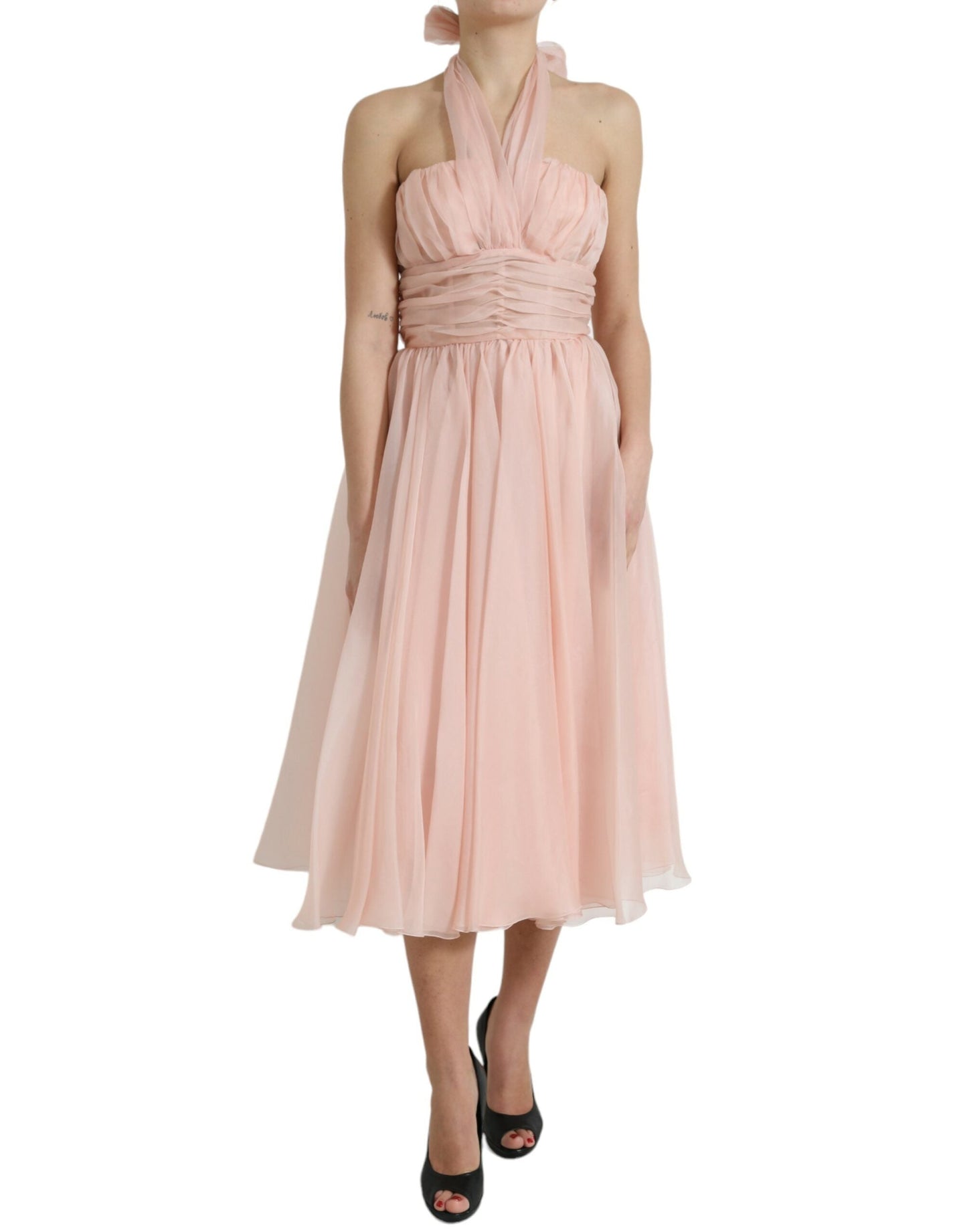 Dolce & Gabbana Pink Silk Chiffon Halter A-line Pleated Midi Women's Dress