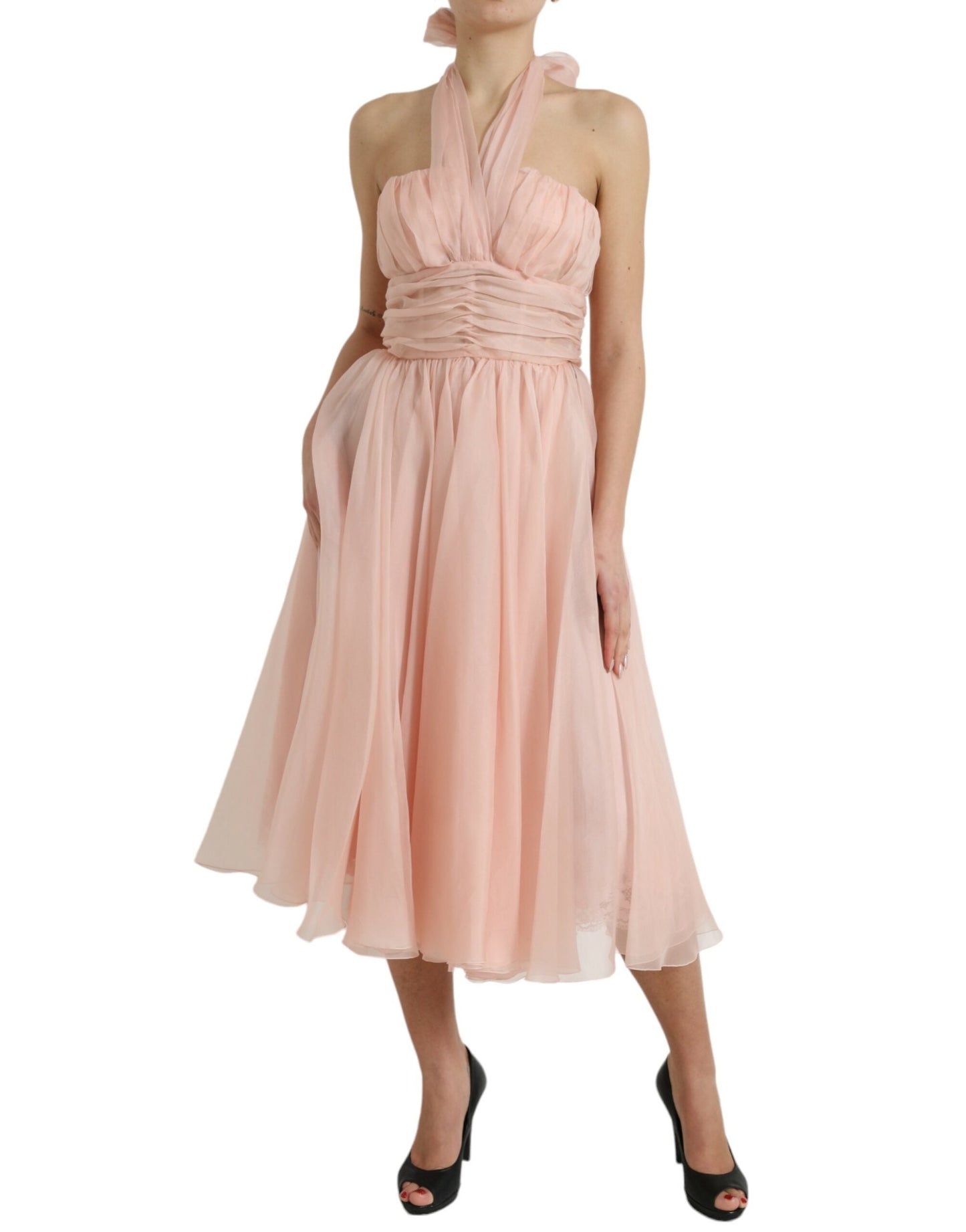 Dolce & Gabbana Pink Silk Chiffon Halter A-line Pleated Midi Women's Dress