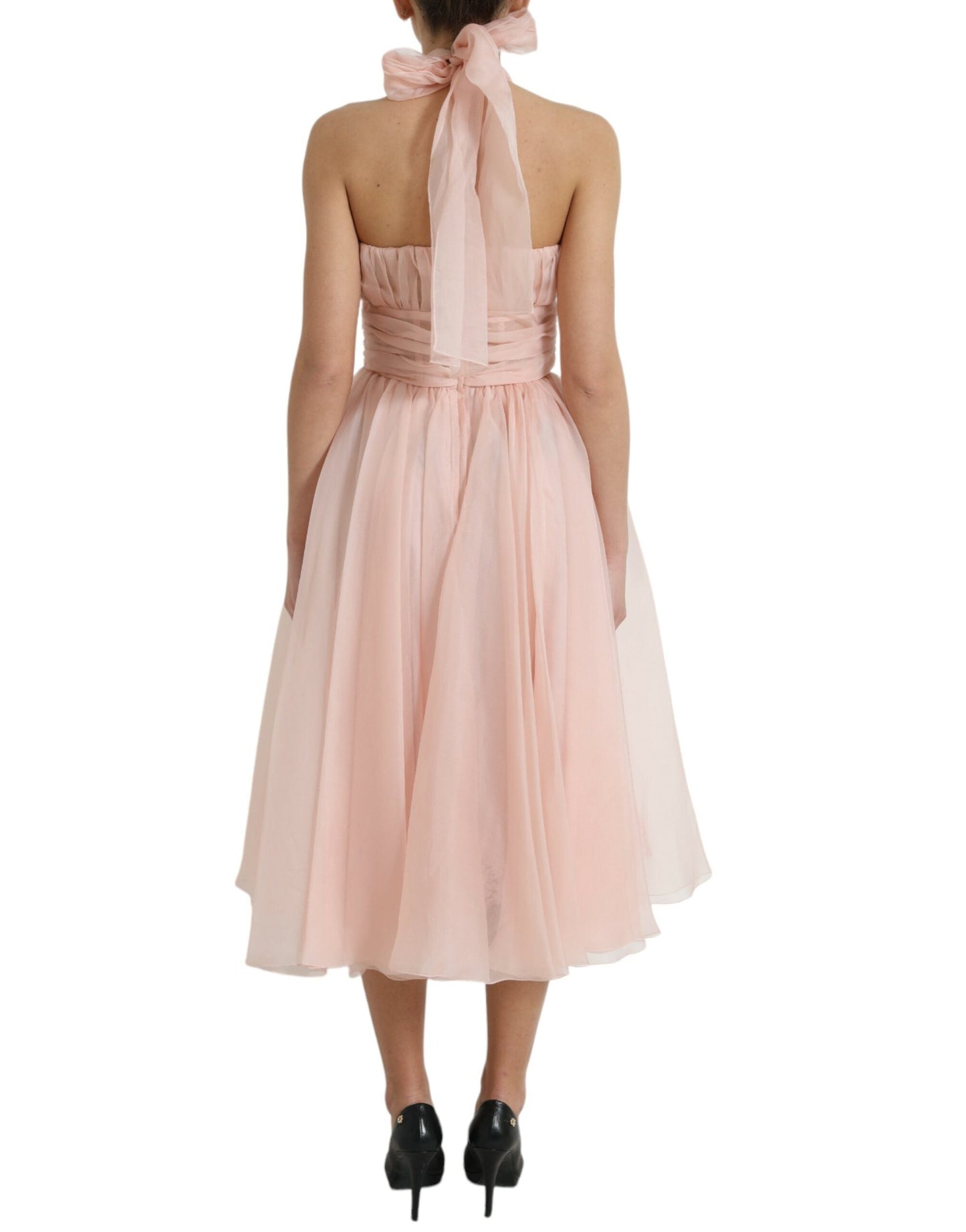 Dolce & Gabbana Pink Silk Chiffon Halter A-line Pleated Midi Women's Dress