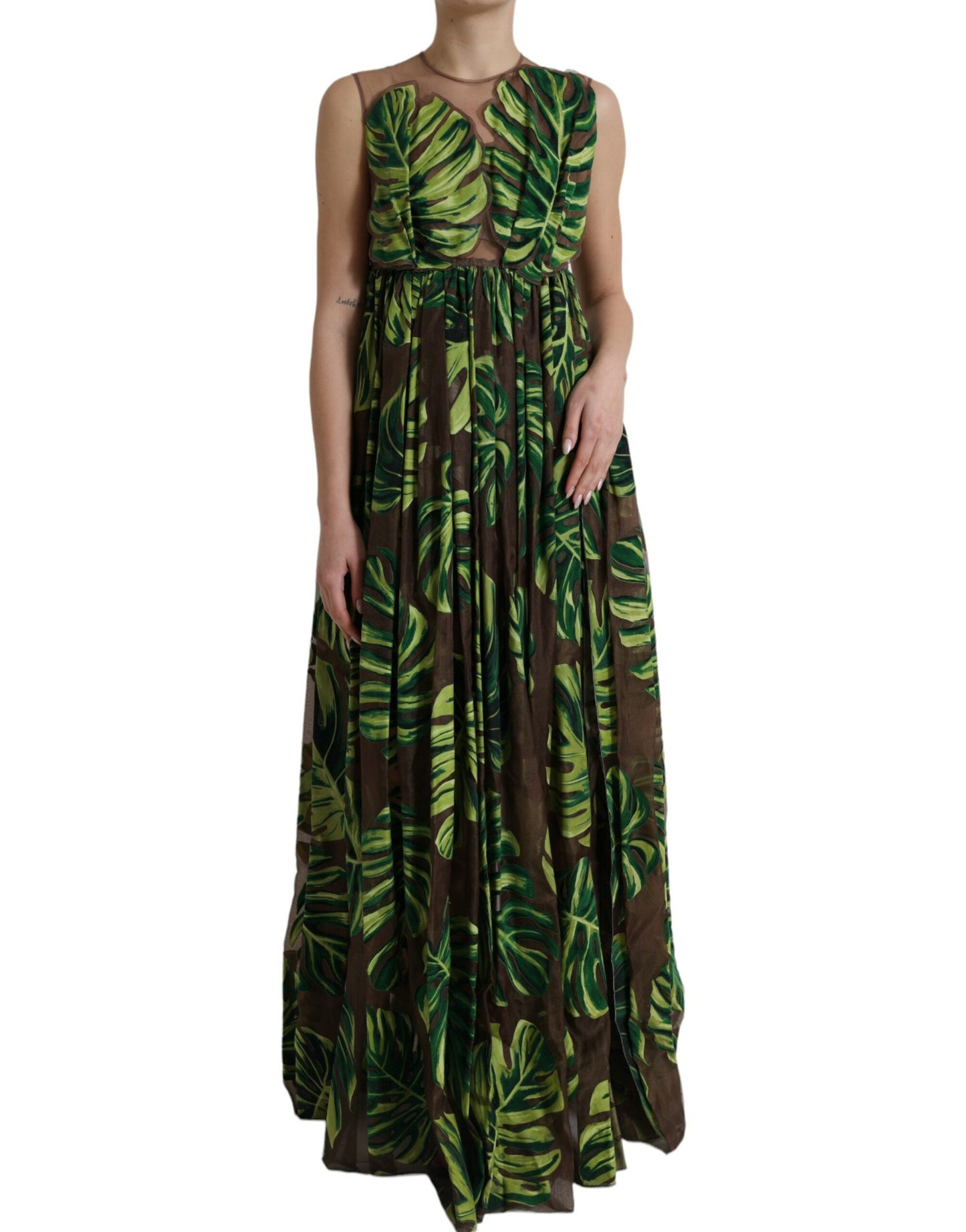 Dolce & Gabbana Green Banana Leaf Sleeveless Long Maxi Women's Dress