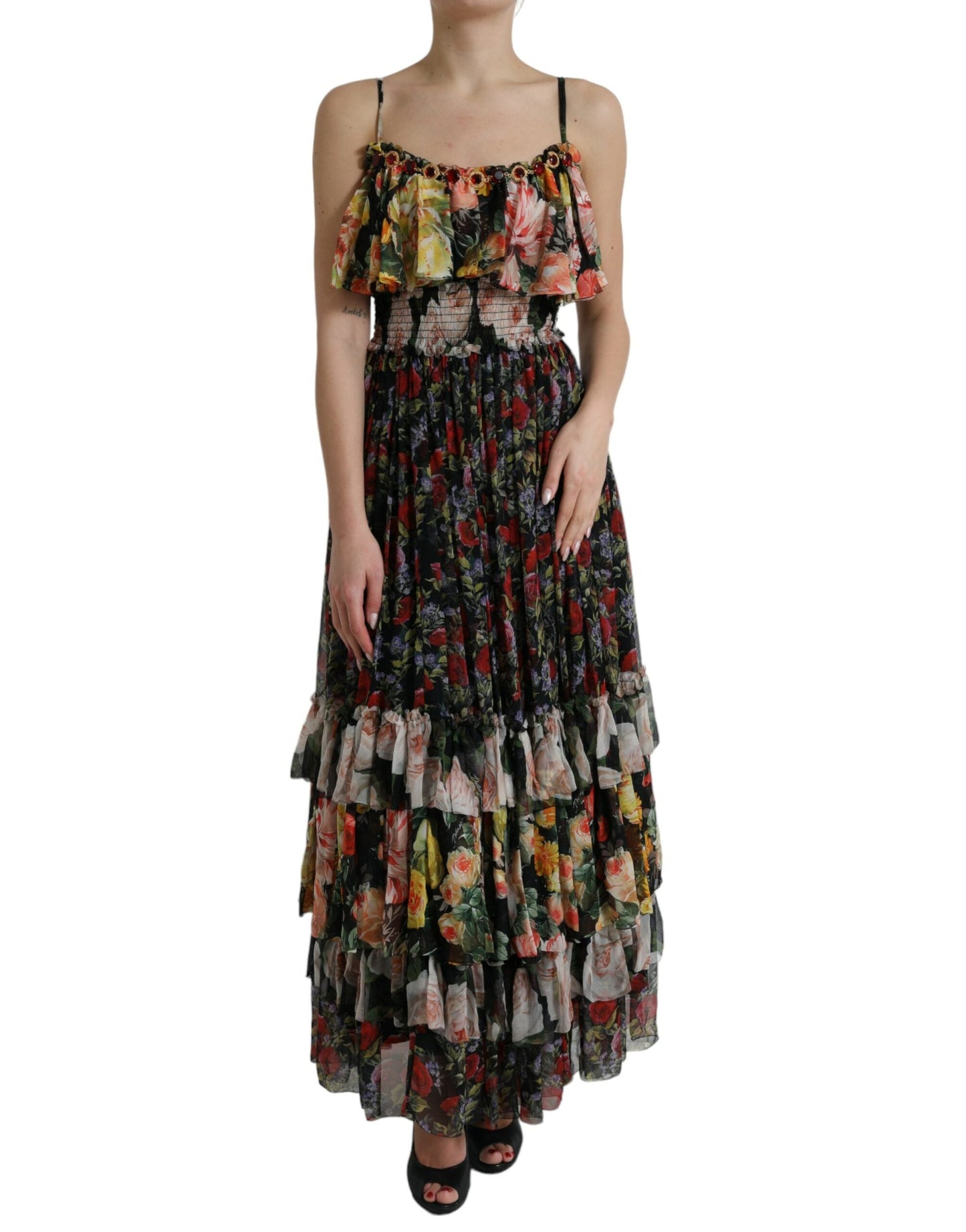 Dolce & Gabbana Multicolor Floral Chiffon Tiered Maxi Women's Dress