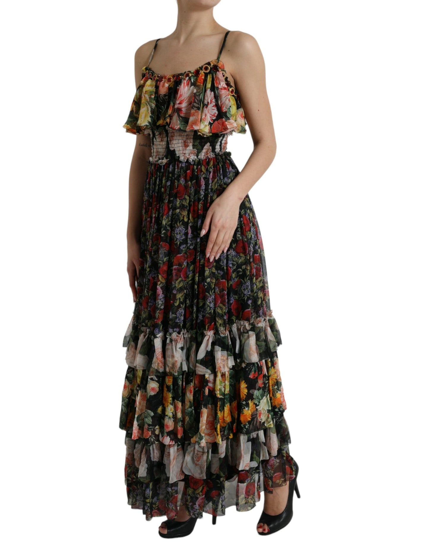 Dolce & Gabbana Multicolor Floral Chiffon Tiered Maxi Women's Dress