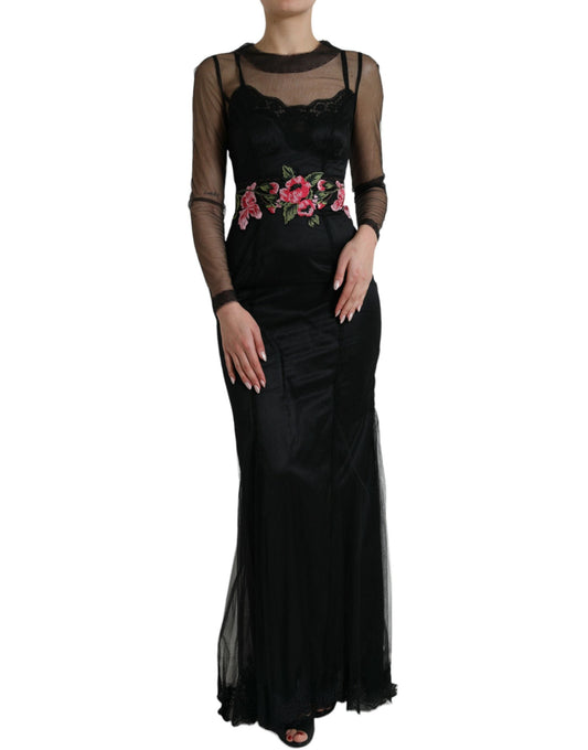 Dolce & Gabbana Black Floral Embroidery Mesh Tulle Gown Women's Dress