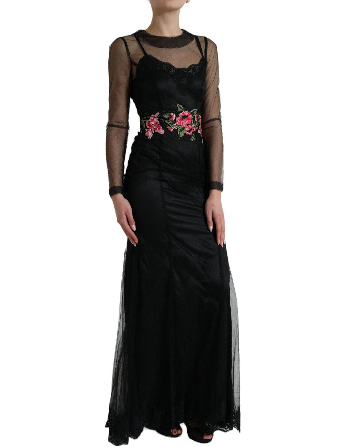 Dolce & Gabbana Black Floral Embroidery Mesh Tulle Gown Women's Dress