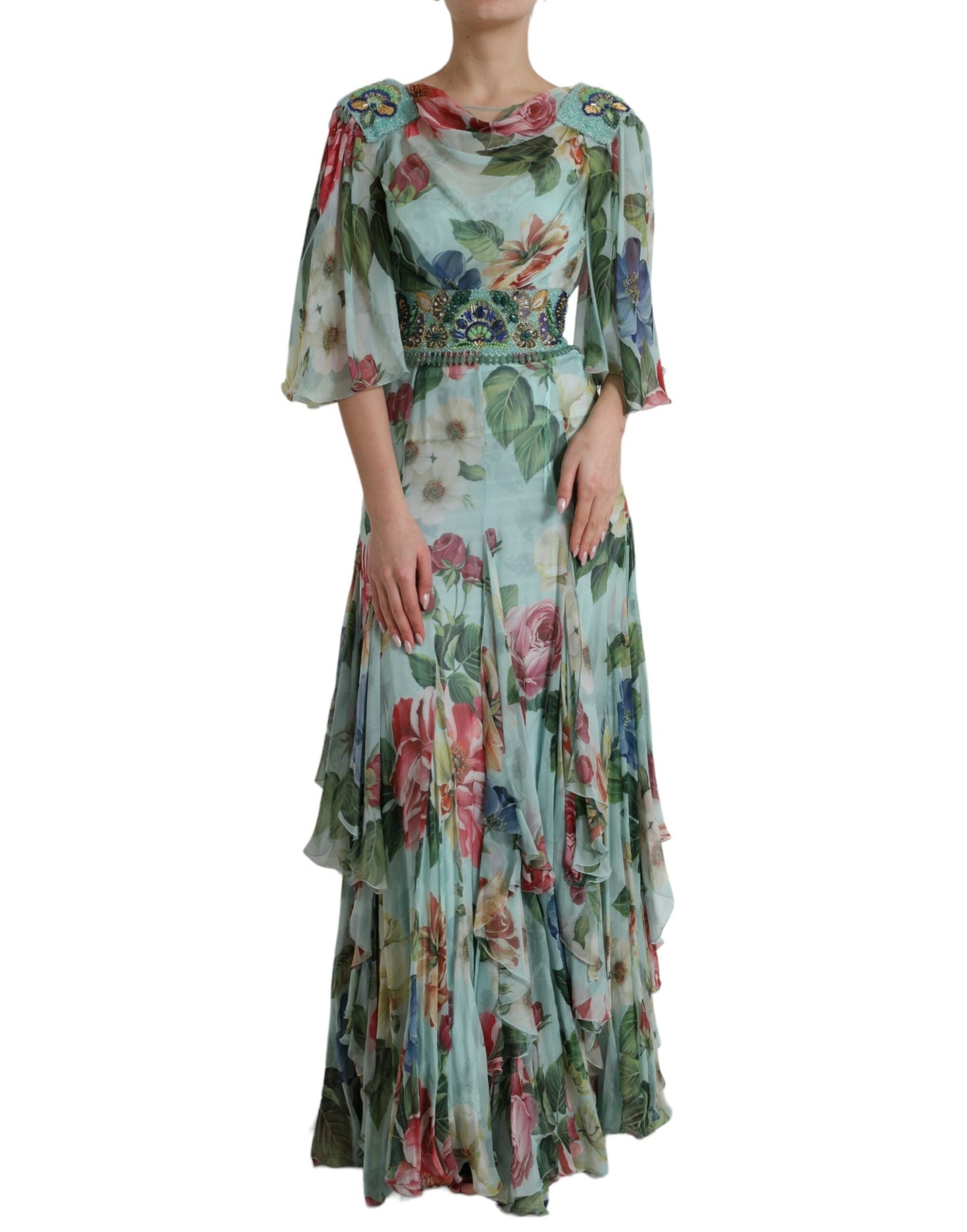 Dolce & Gabbana Blue Floral Print Tiered Long Maxi Women's Dress