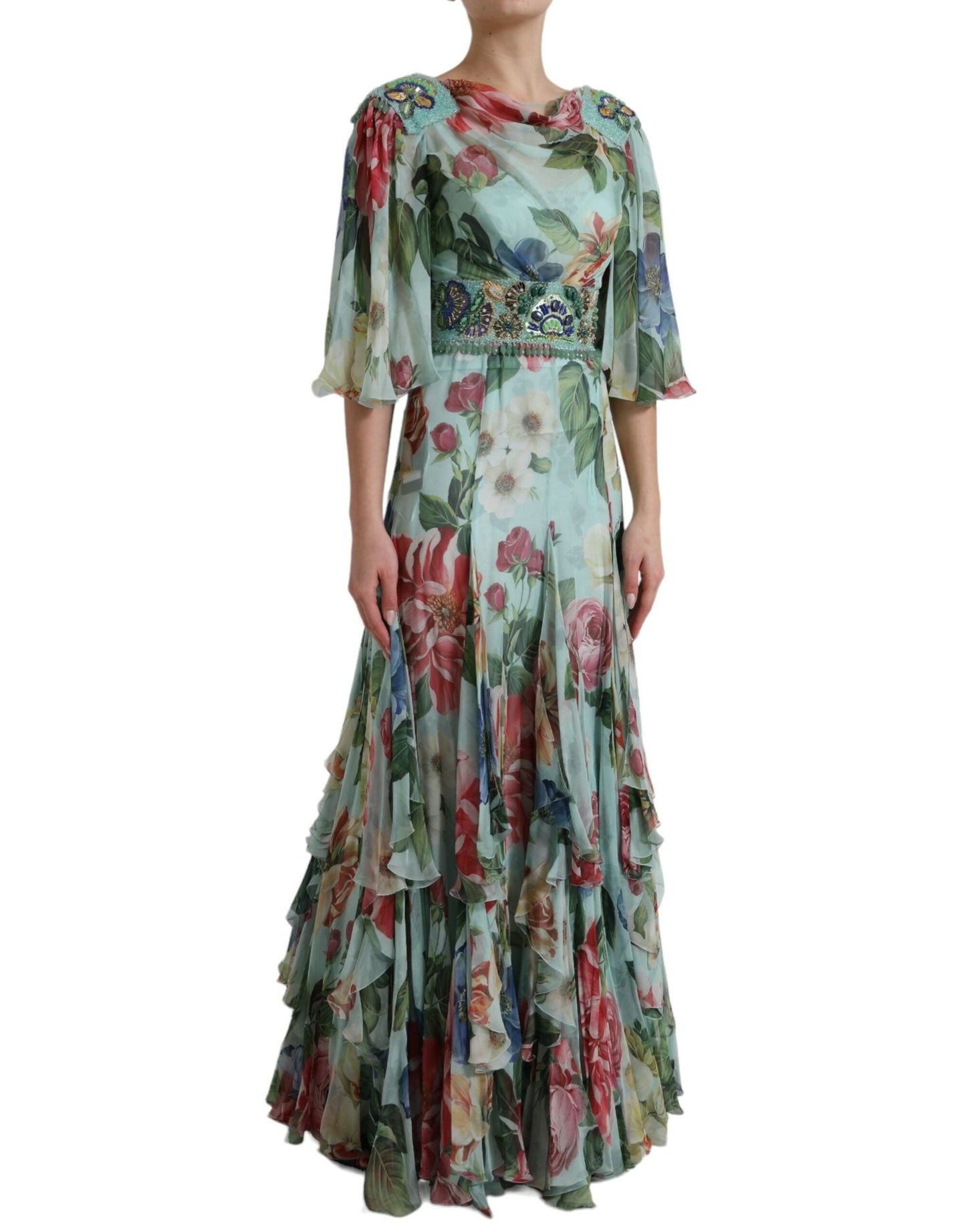 Dolce & Gabbana Blue Floral Print Tiered Long Maxi Women's Dress