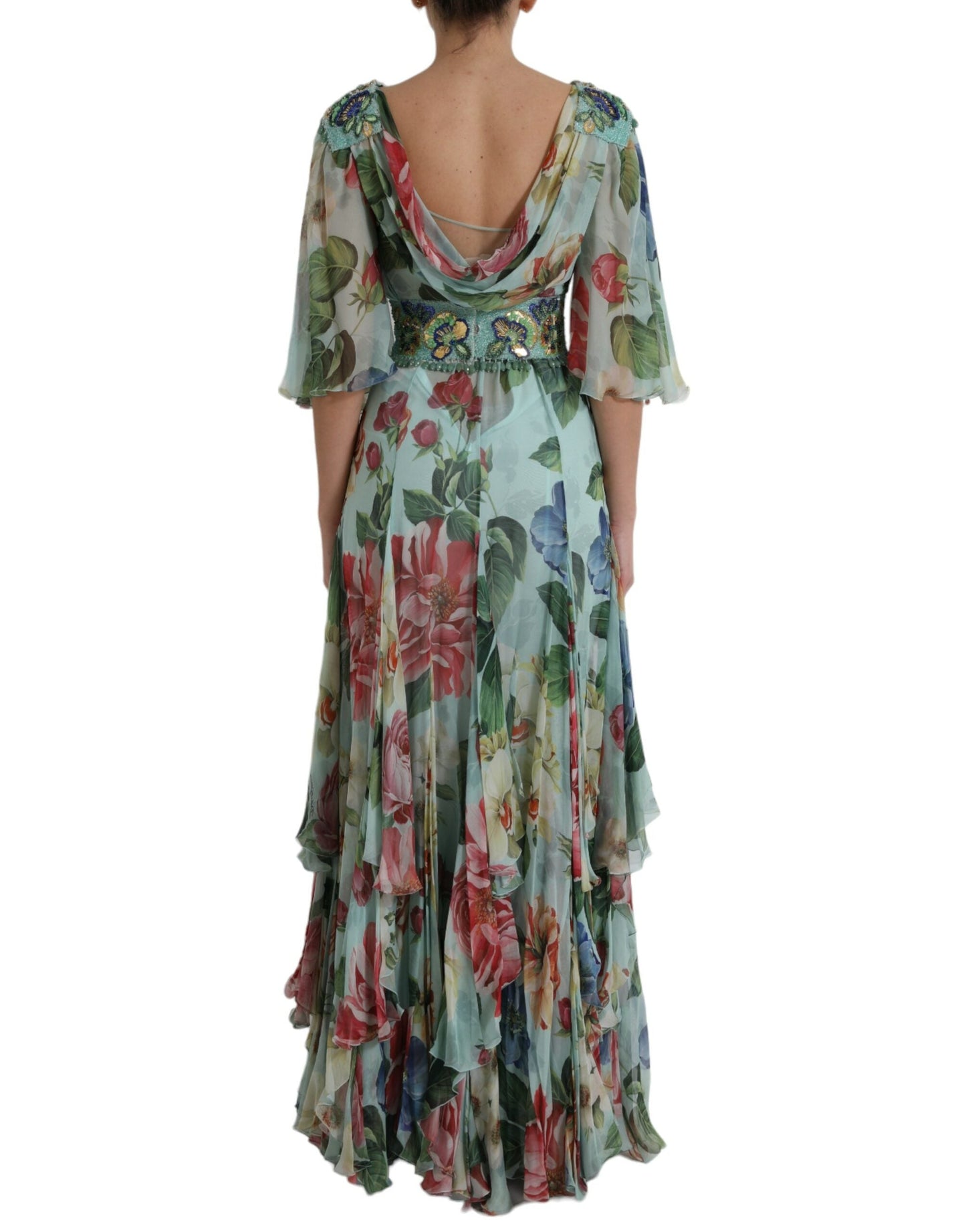 Dolce & Gabbana Blue Floral Print Tiered Long Maxi Women's Dress