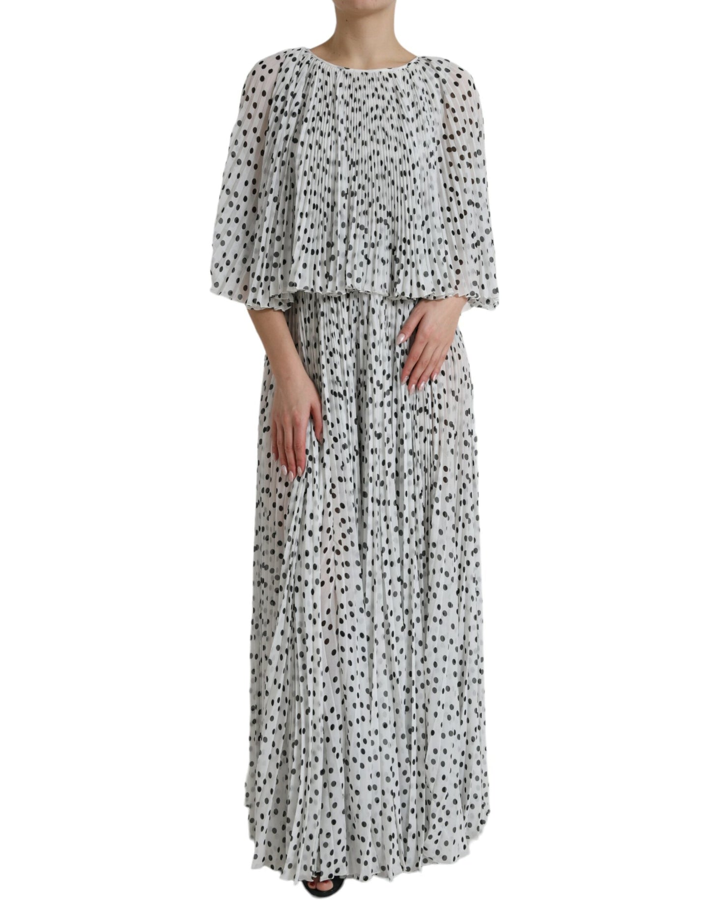 Dolce & Gabbana White Polka Dot A-line Pleated Maxi Women's Dress