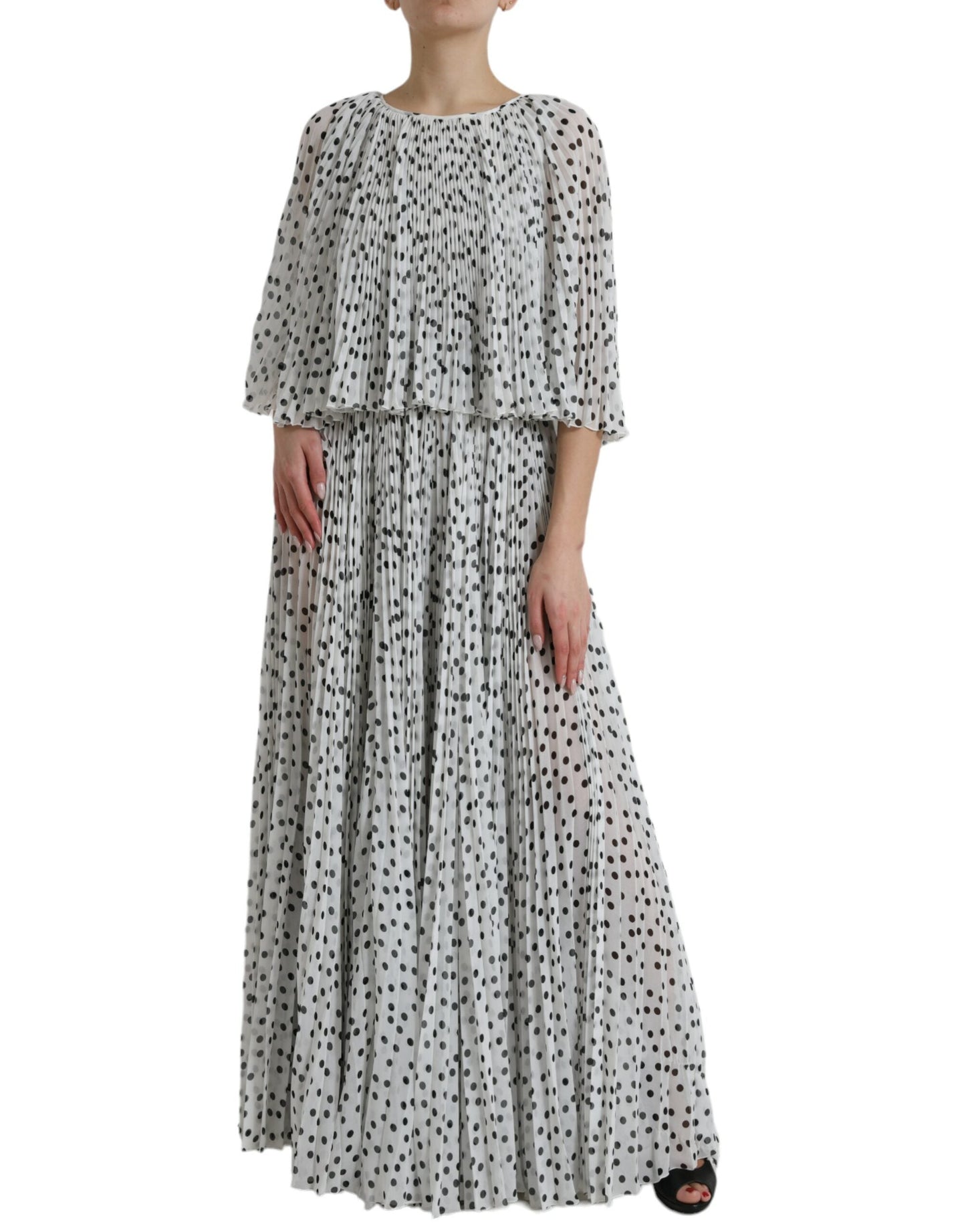 Dolce & Gabbana White Polka Dot A-line Pleated Maxi Women's Dress
