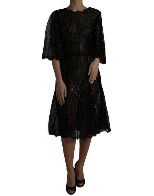 Dolce & Gabbana Black Floral Lace Sheer A-line Midi Women's Dress