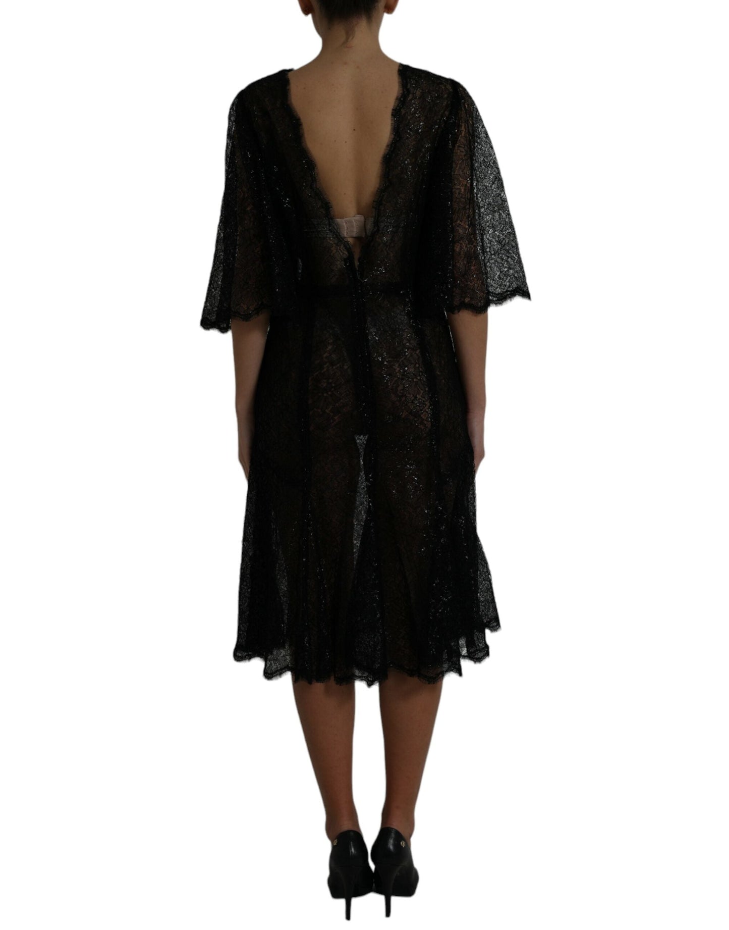 Dolce & Gabbana Black Floral Lace Sheer A-line Midi Women's Dress