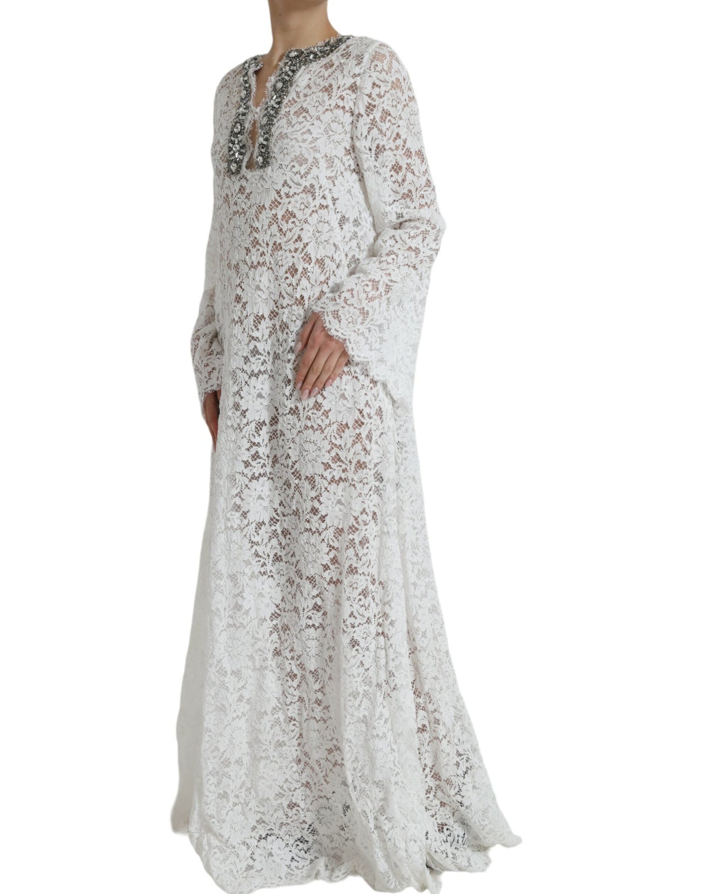 Dolce & Gabbana White Lace Crystal Embellished Shift Women's Dress