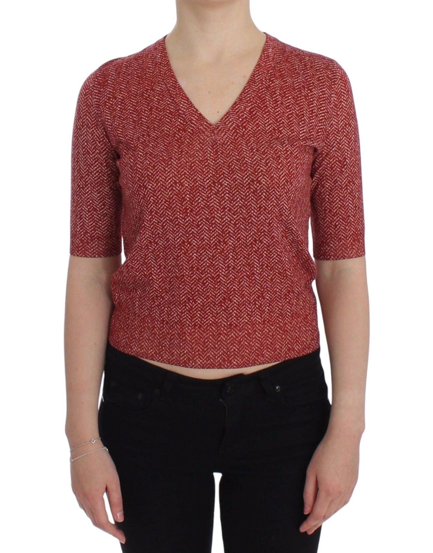 Dolce & Gabbana Red Wool Tweed Short Sleeve Sweater Women's Pullover