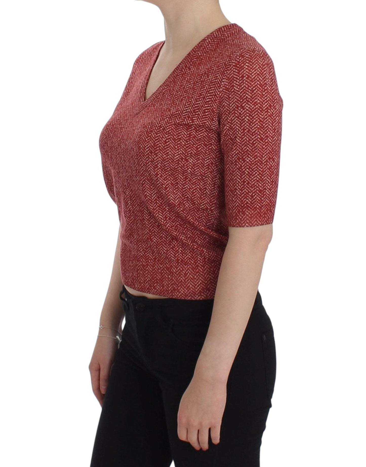 Dolce & Gabbana Red Wool Tweed Short Sleeve Sweater Women's Pullover
