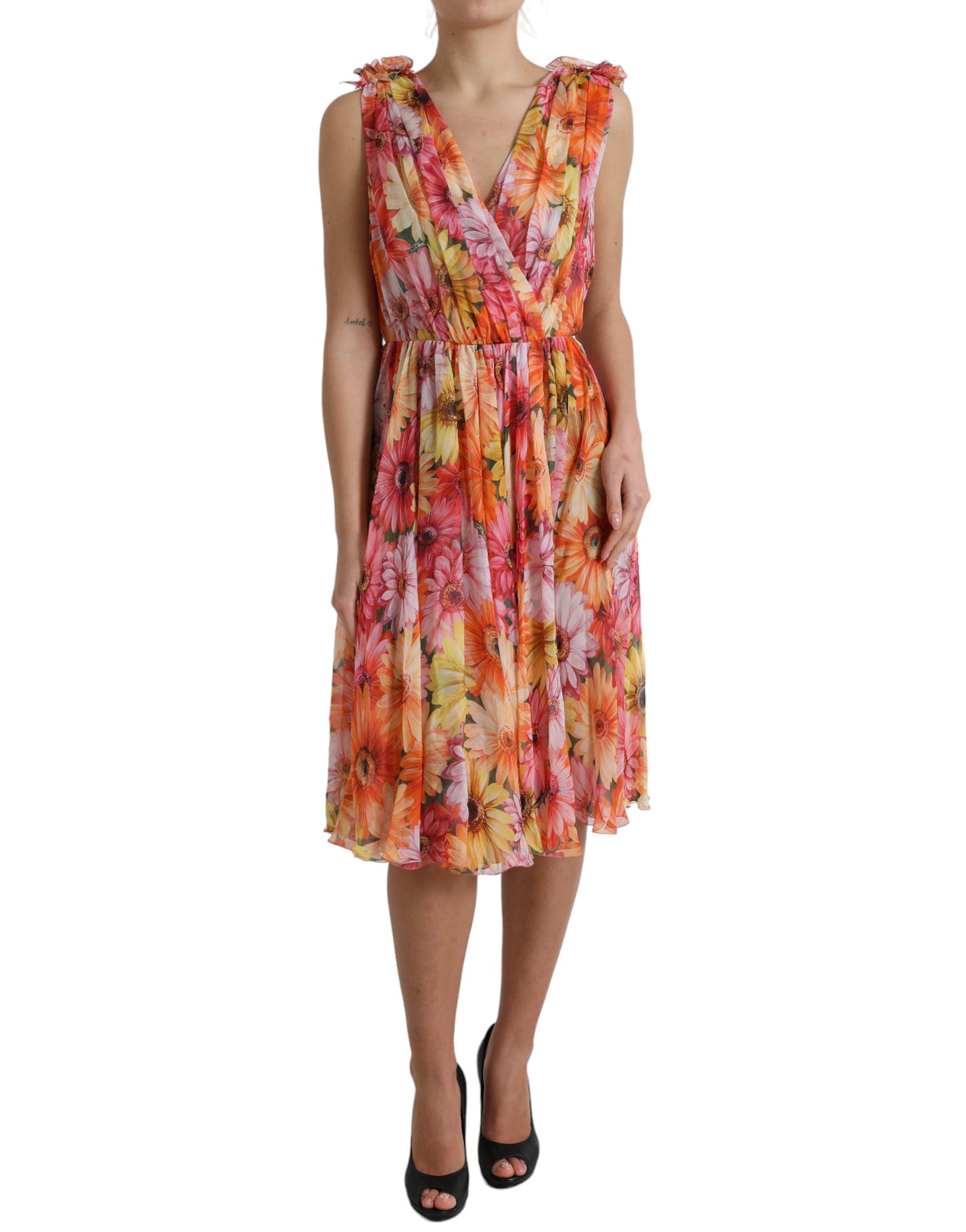 Dolce & Gabbana Multicolor Sunflower Print Silk Midi Women's Dress