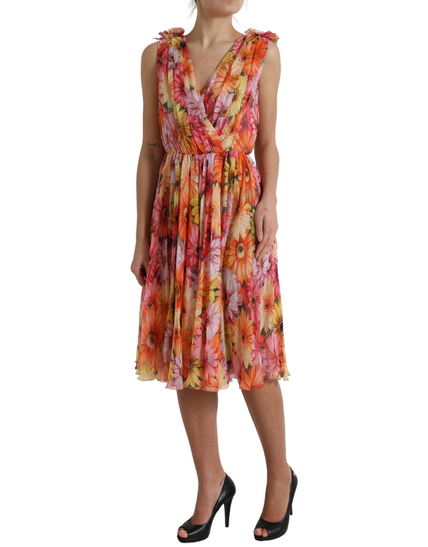 Dolce & Gabbana Multicolor Sunflower Print Silk Midi Women's Dress